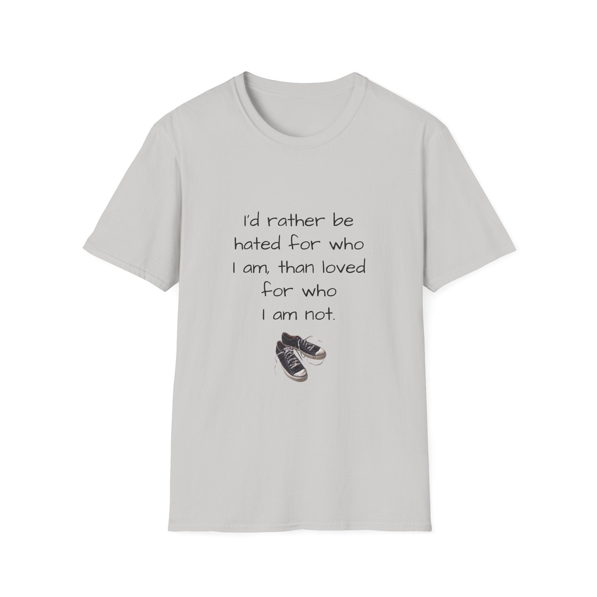 Light gray unisex T-shirt with dark quote text and sneaker graphic on front