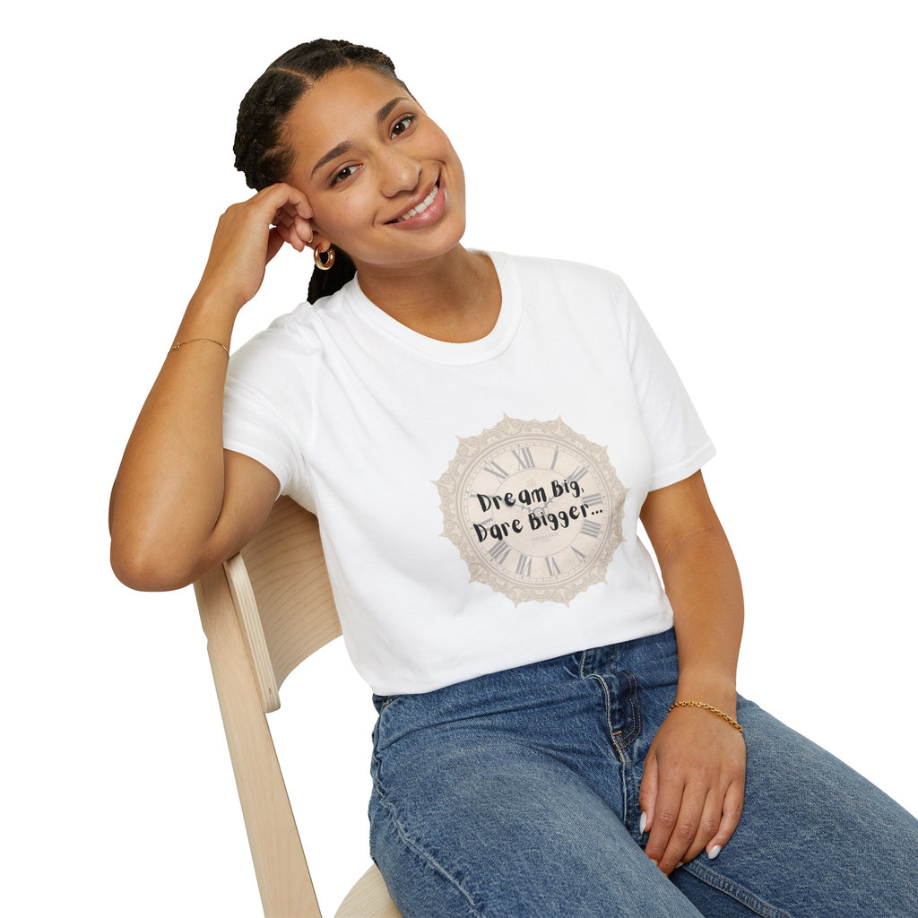 White crew-neck T-shirt on model, front graphic “Dream big, ...” on chest