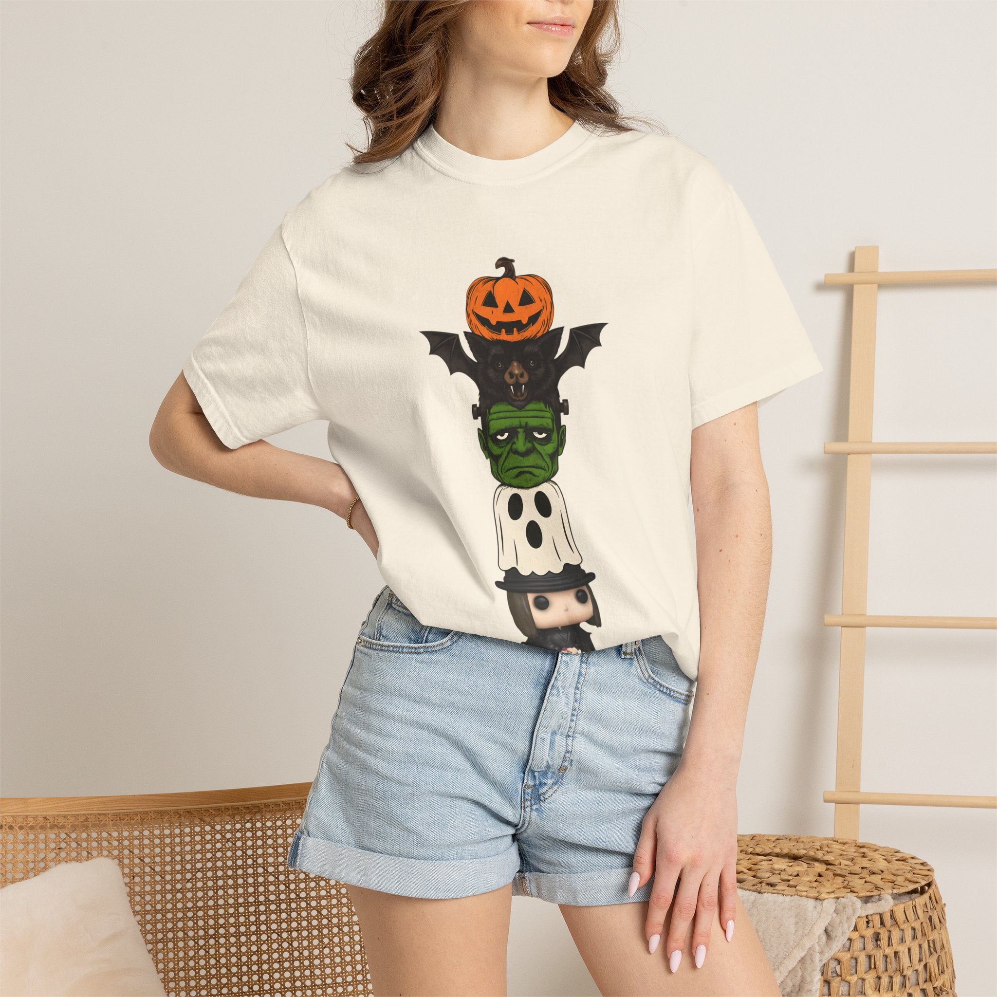Halloween Totem Tee — Stacked Pumpkin, Bat, Frankenstein, Ghost & Prince of Darkness POP Graphic T-Shirt