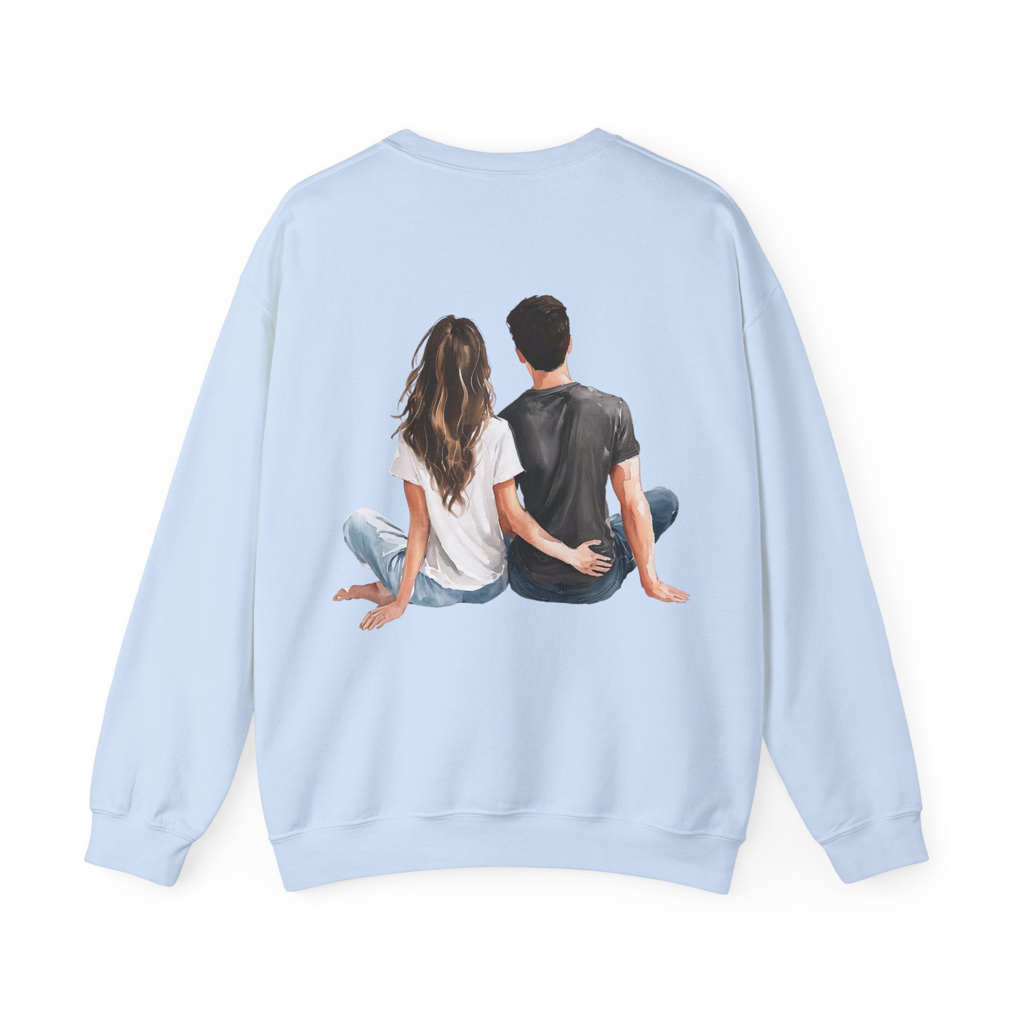 Light blue crewneck sweatshirt, front view, couple graphic at center