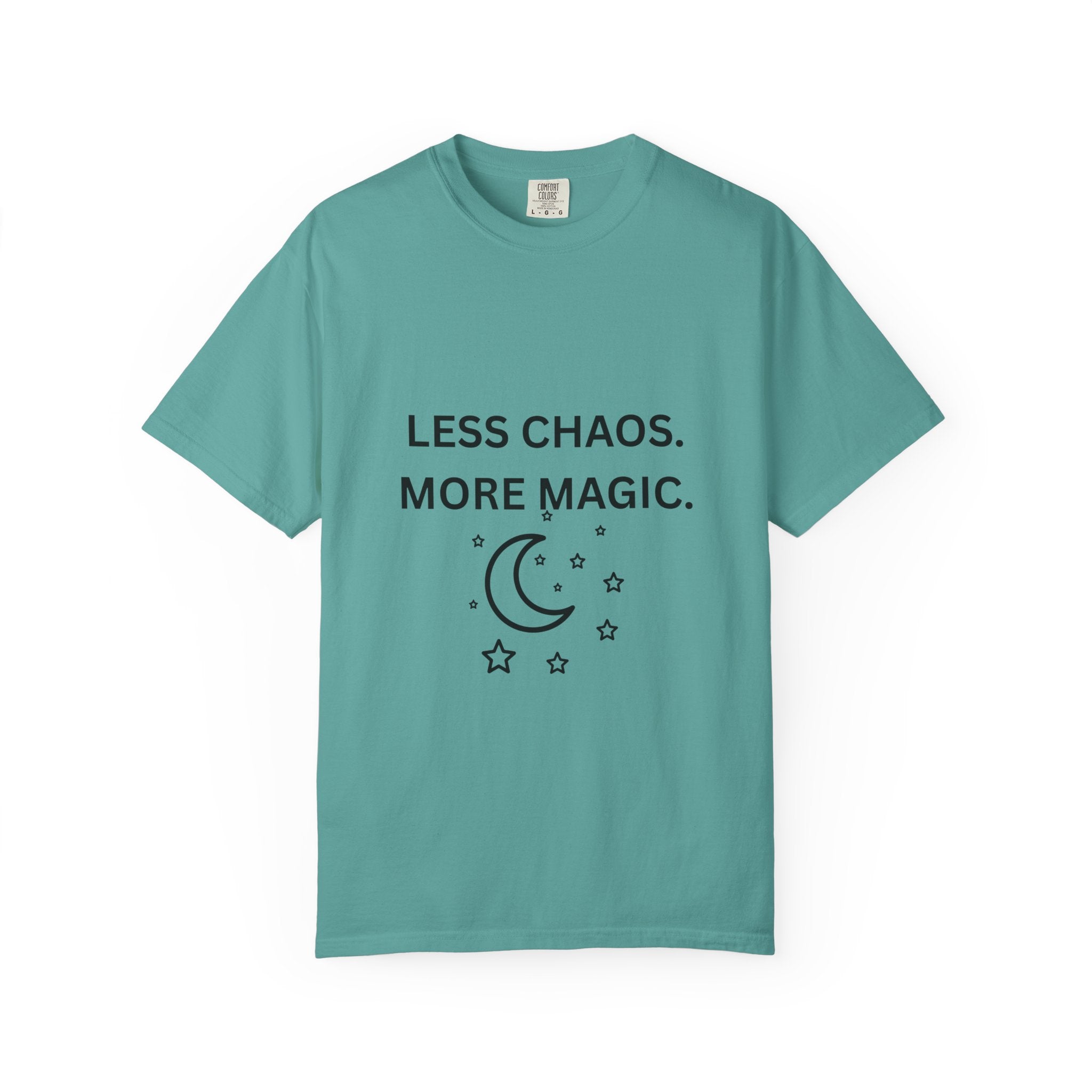 Less Chaos, More Magic T-Shirt — Crescent Moon + Stars Graphic Tee