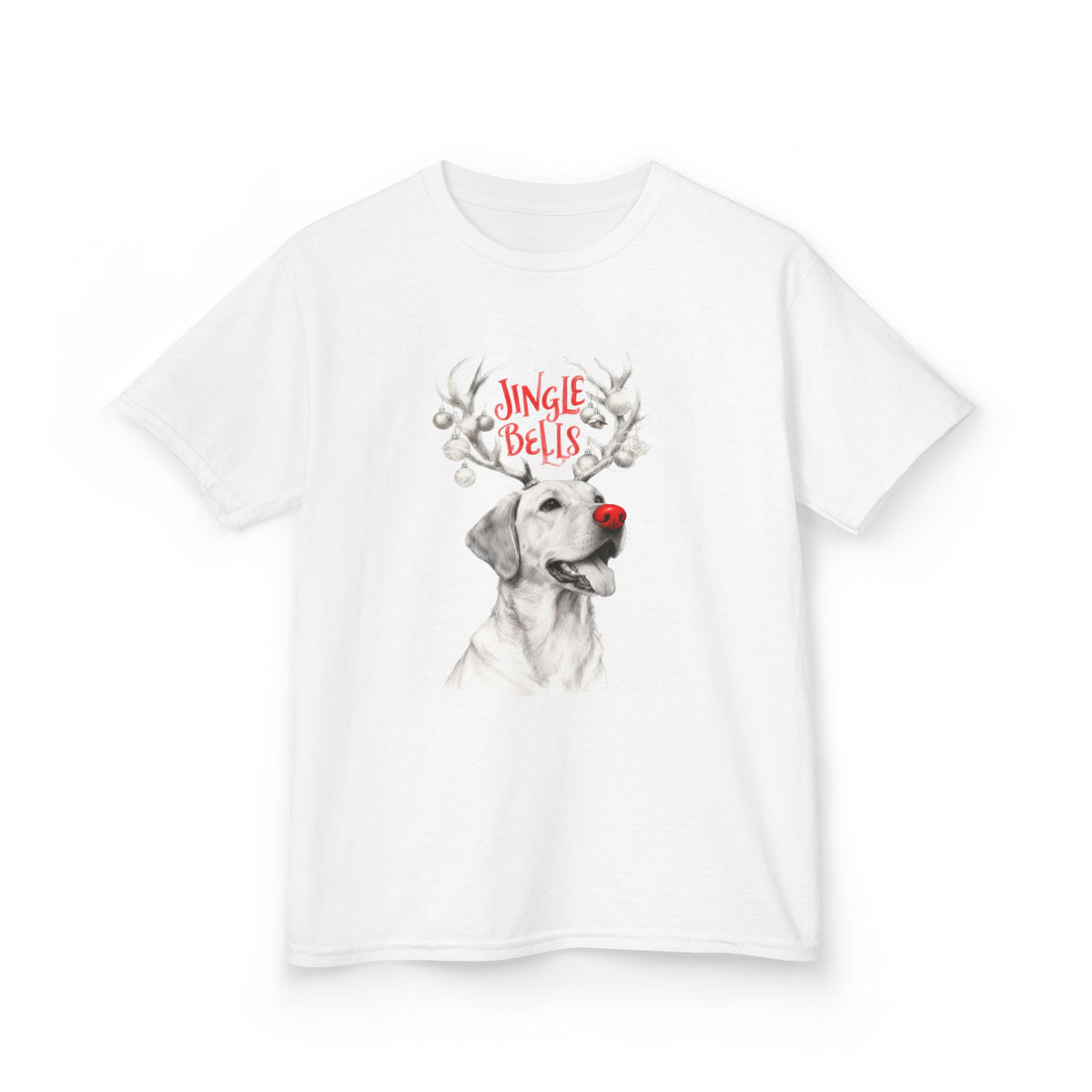 White kids t-shirt with Jingle Bells reindeer dog graphic on the chest