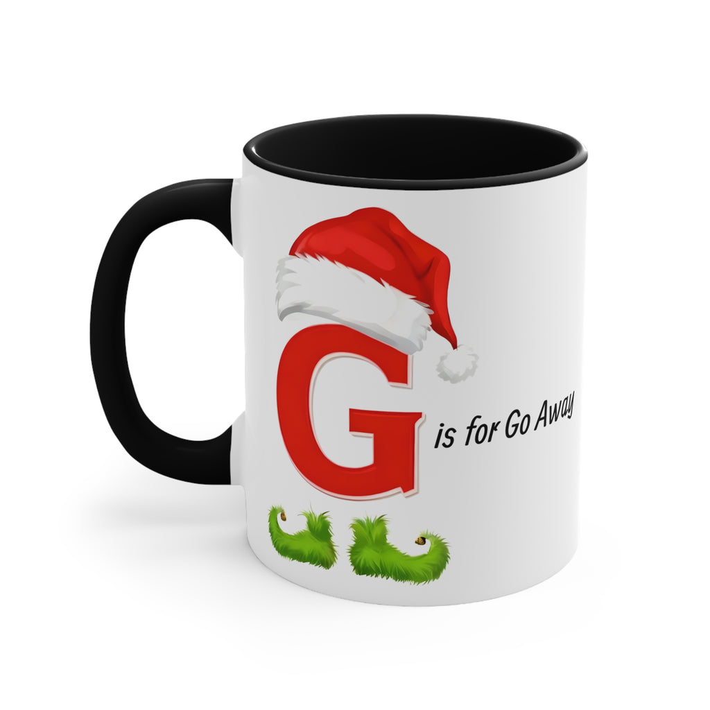 Black-handled mug with letter G, Santa hat graphic, and 'is for Go Away' text