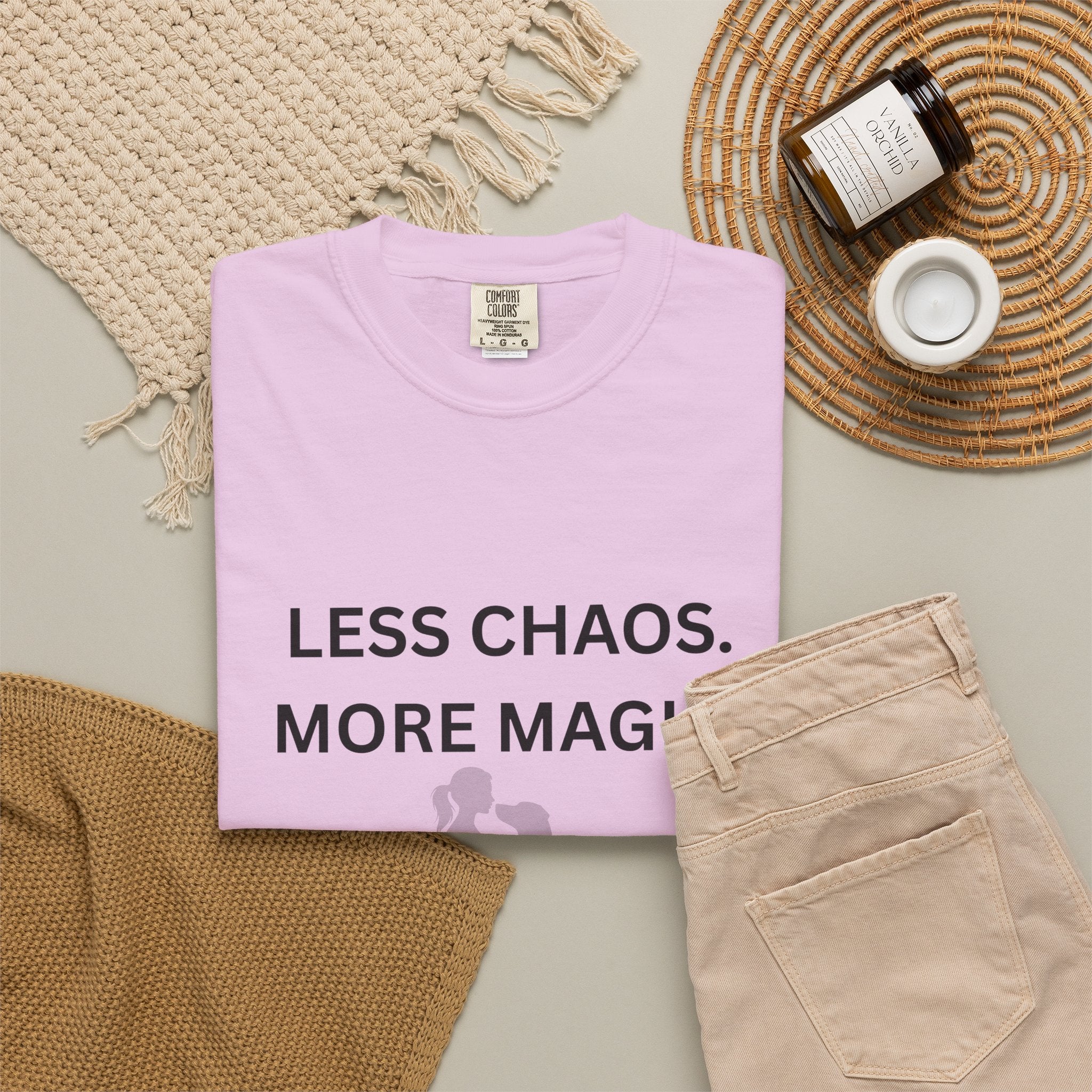 Less Chaos, More Magic T-Shirt — Woman + Dog Silhouette Graphic Tee