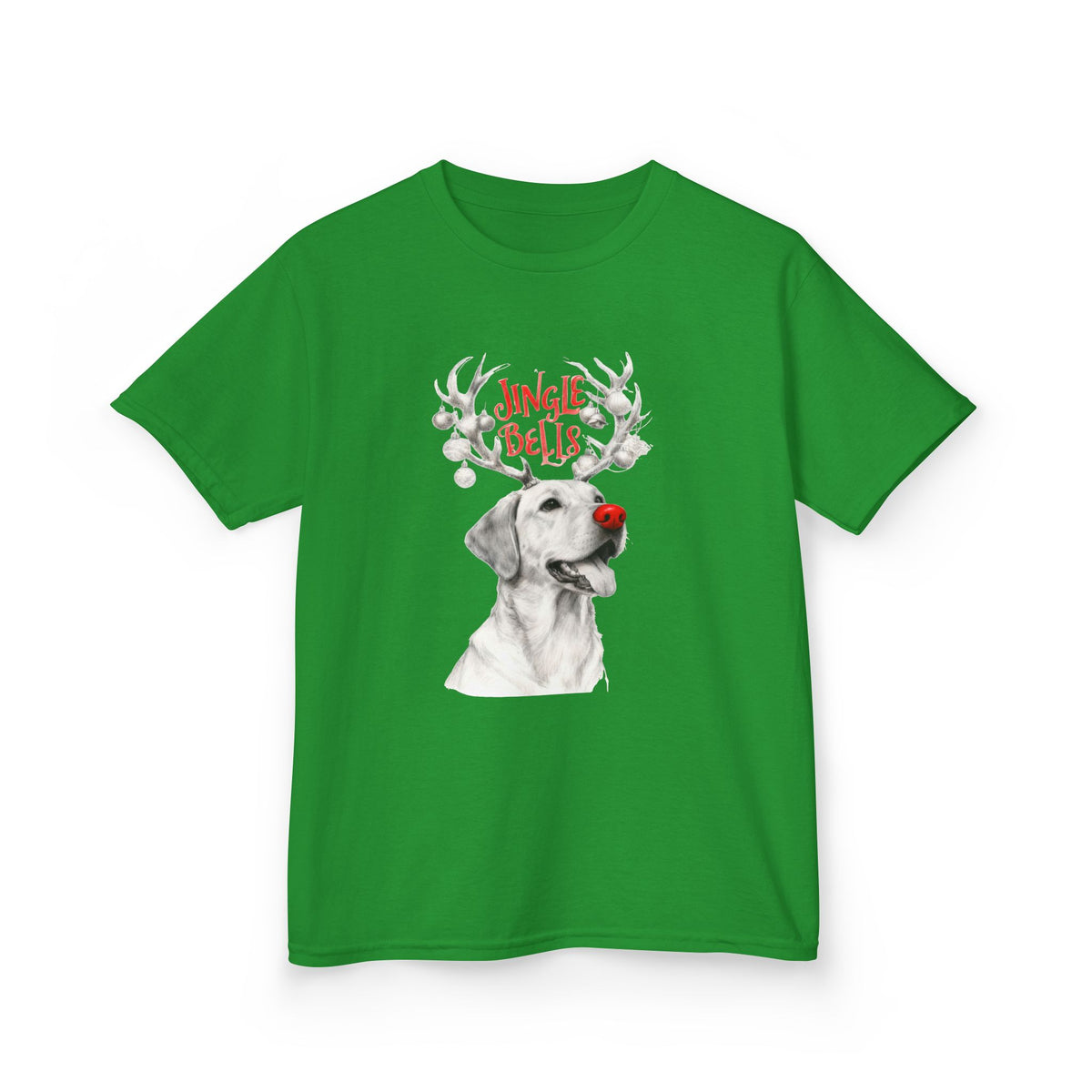Green kids t-shirt with Jingle Bells reindeer dog graphic on the chest
