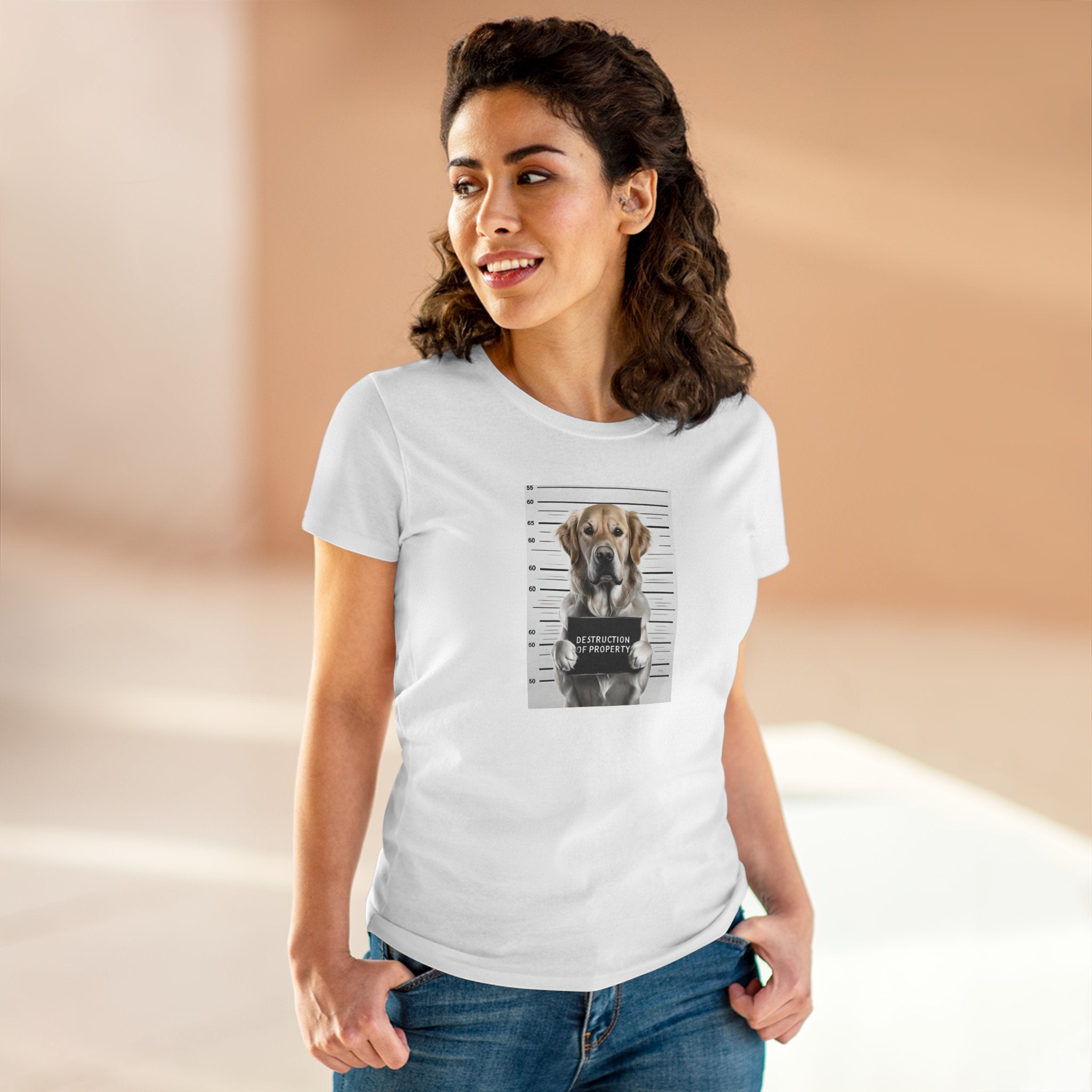 White dog graphic mugshot tee with short sleeves and crew neck