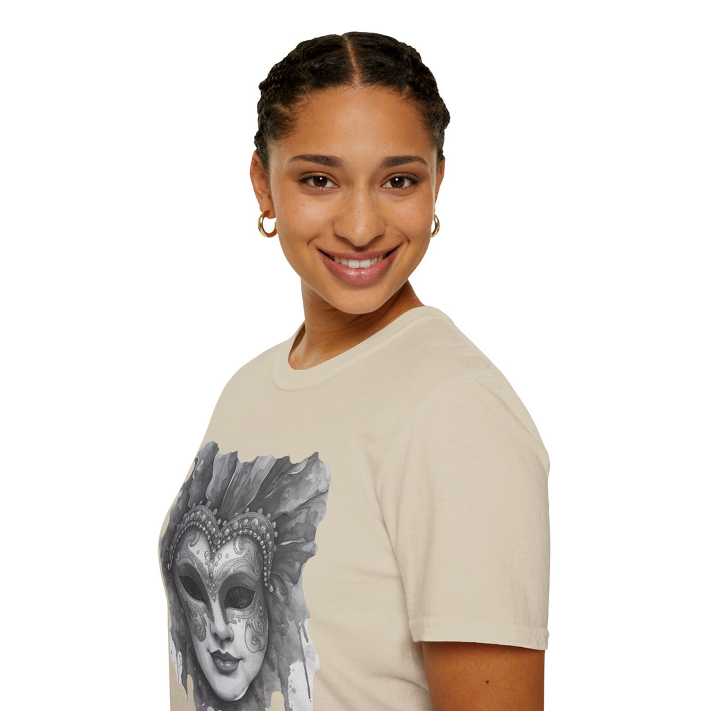Sand beige crewneck t-shirt on model, featuring large grey masquerade mask face print