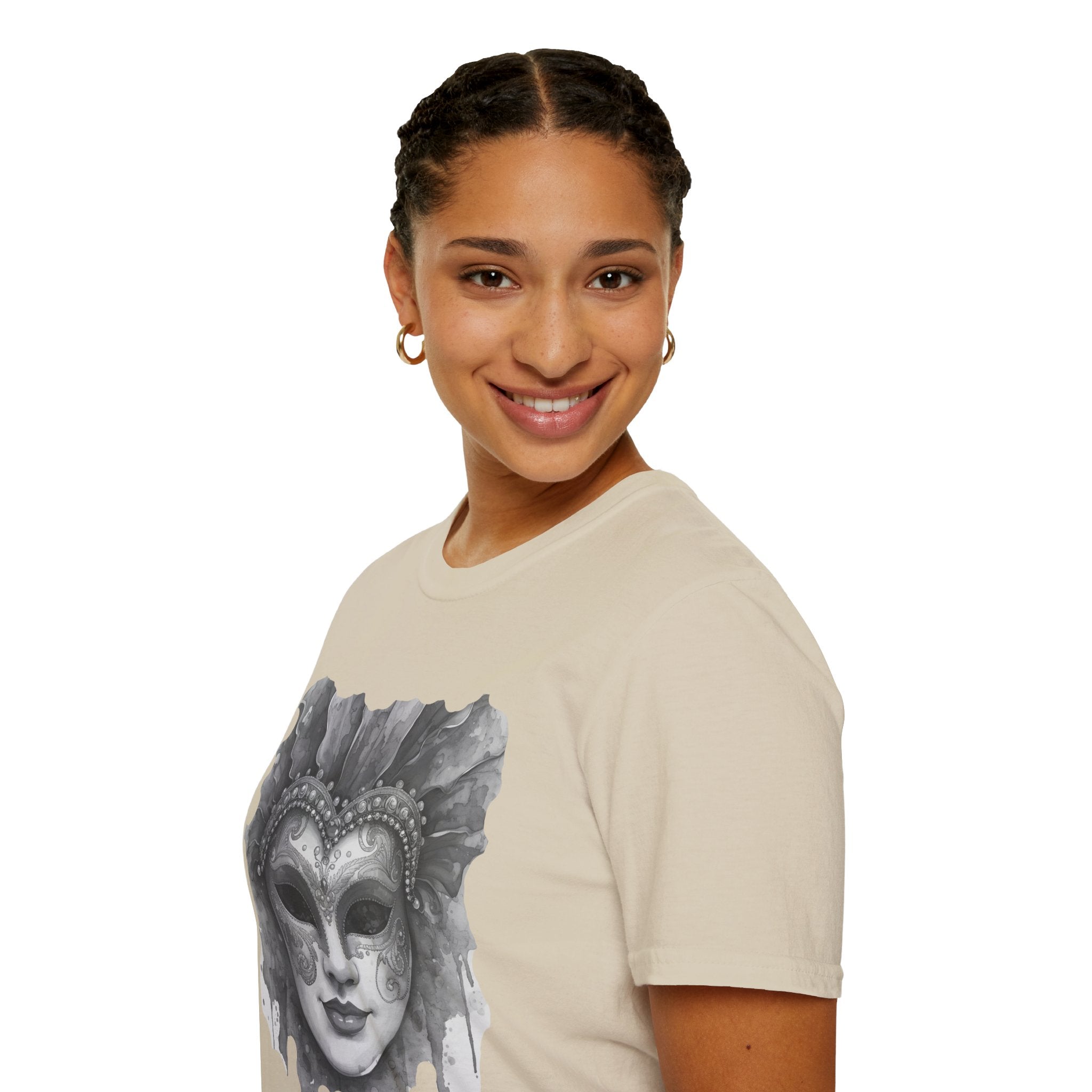 Sand beige crewneck t-shirt on model, featuring large grey masquerade mask face print