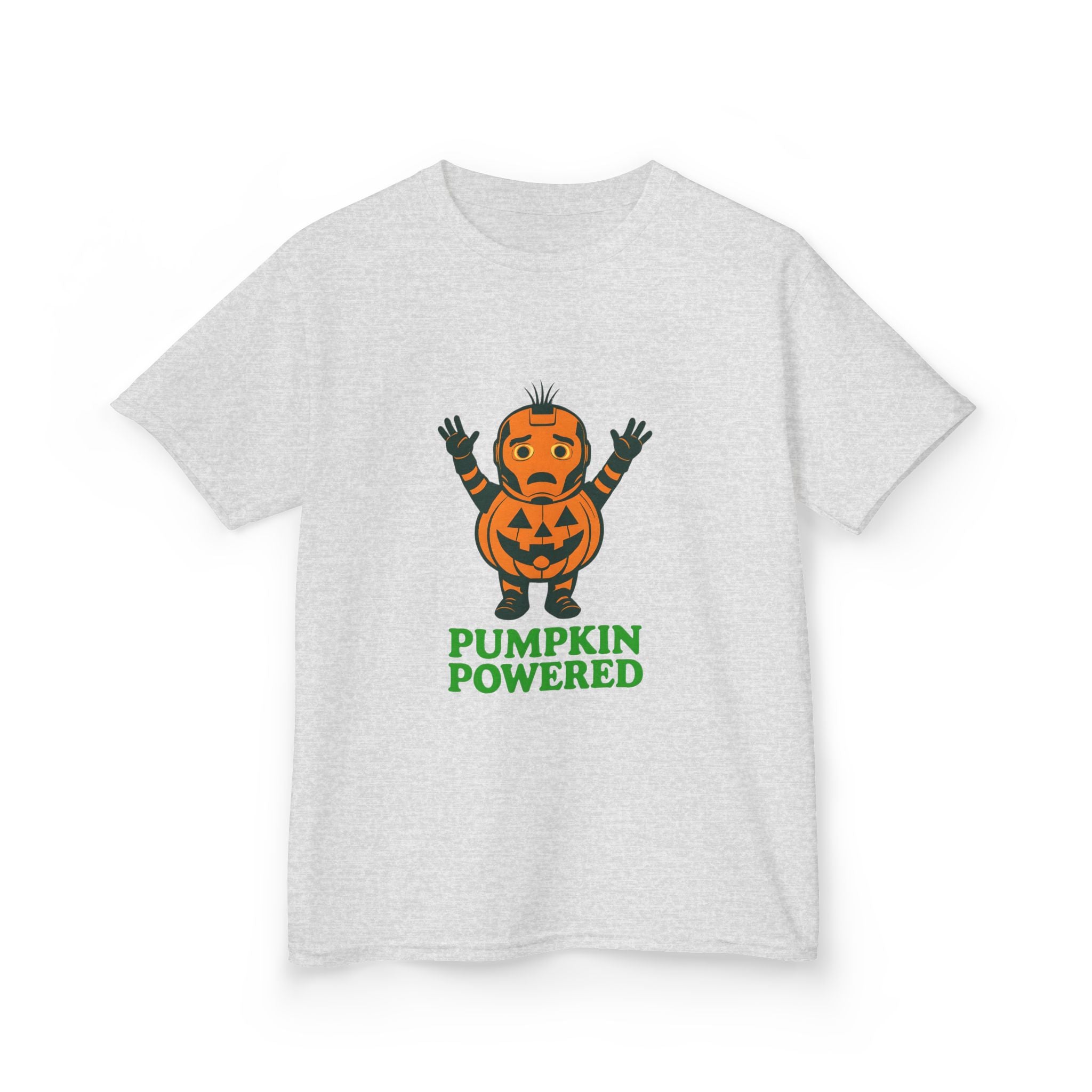 Light gray kids T-shirt with orange pumpkin character and green "PUMPKIN POWERED" text