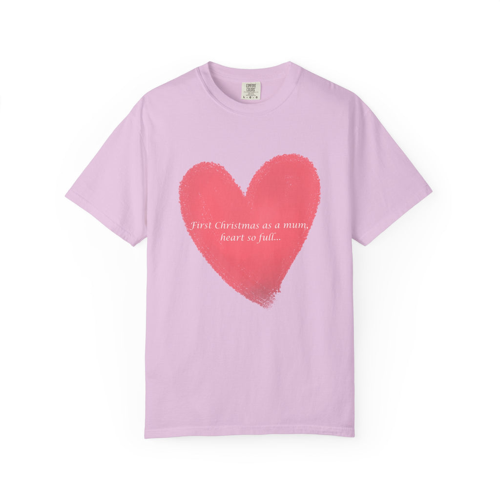 Pastel lavender T-shirt with large pink brushstroke heart and small script graphic
