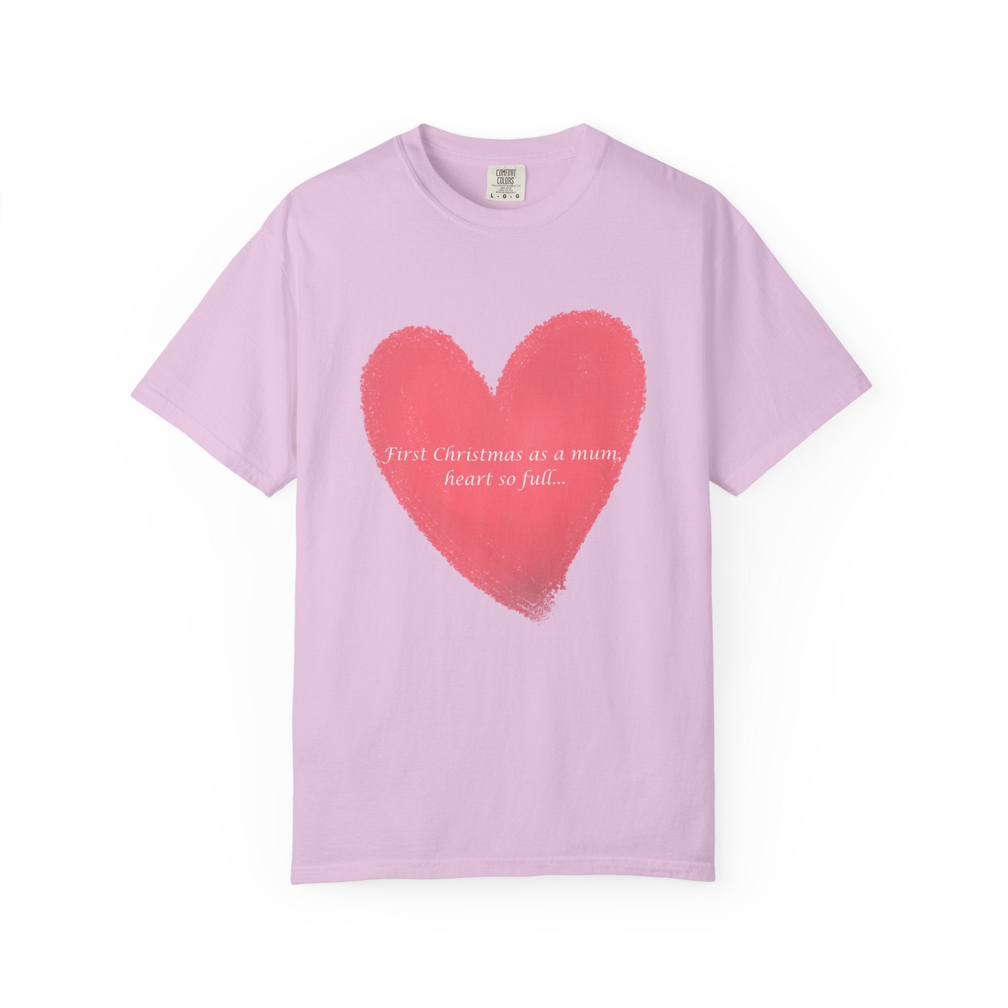 Pastel lavender T-shirt with large pink brushstroke heart and small script graphic