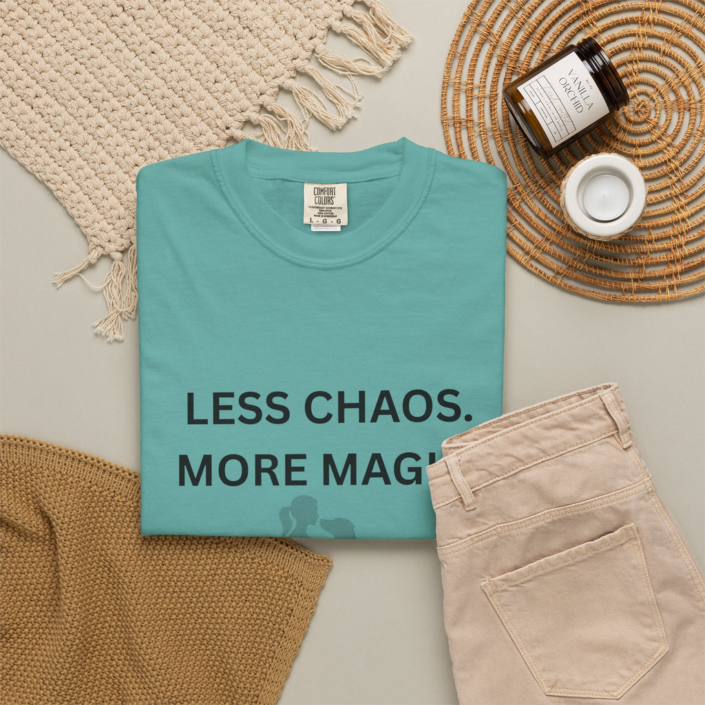 Less Chaos, More Magic T-Shirt — Woman + Dog Silhouette Graphic Tee