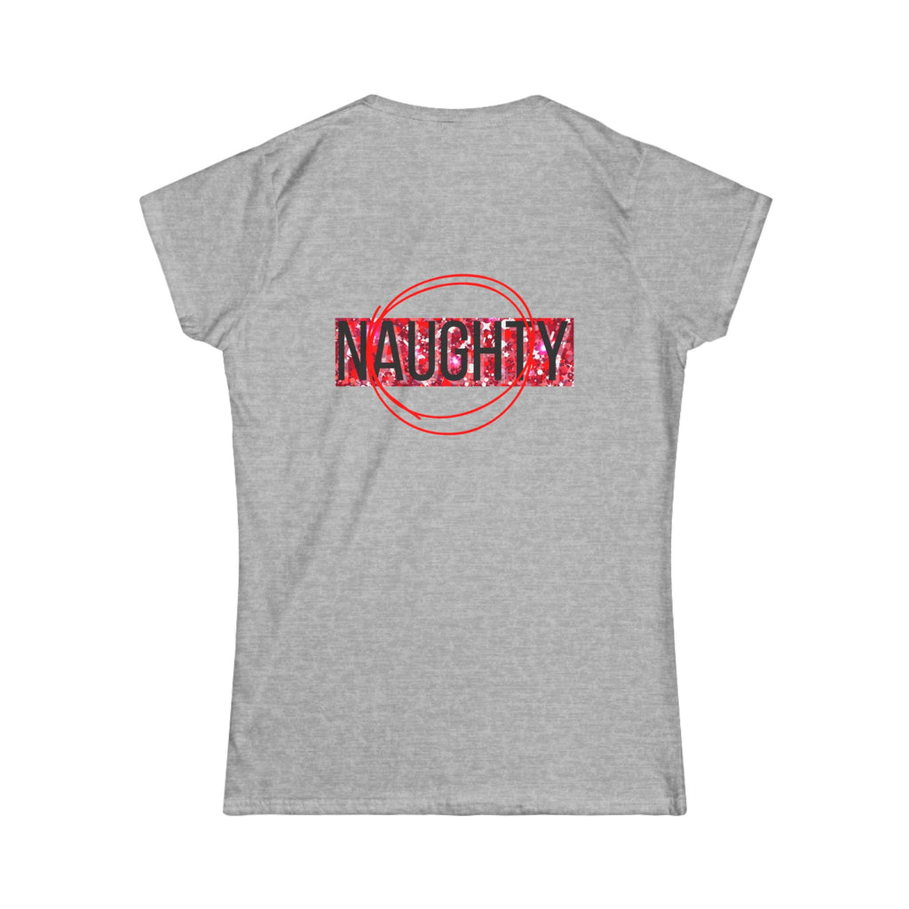 Women’s graphic tee, heather gray, “NAUGHTY” back print with red circle
