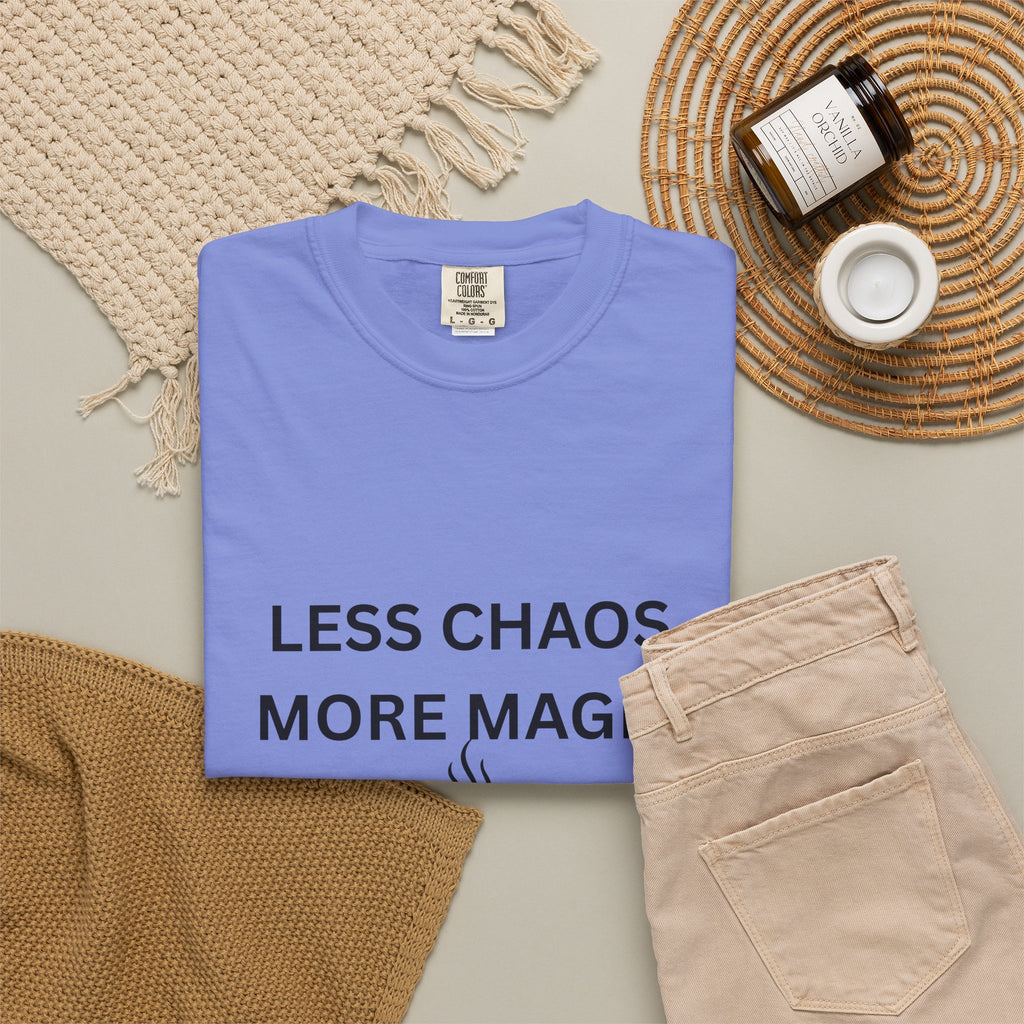 Less Chaos, More Magic T-Shirt — Cozy Coffee Cup Graphic Tee