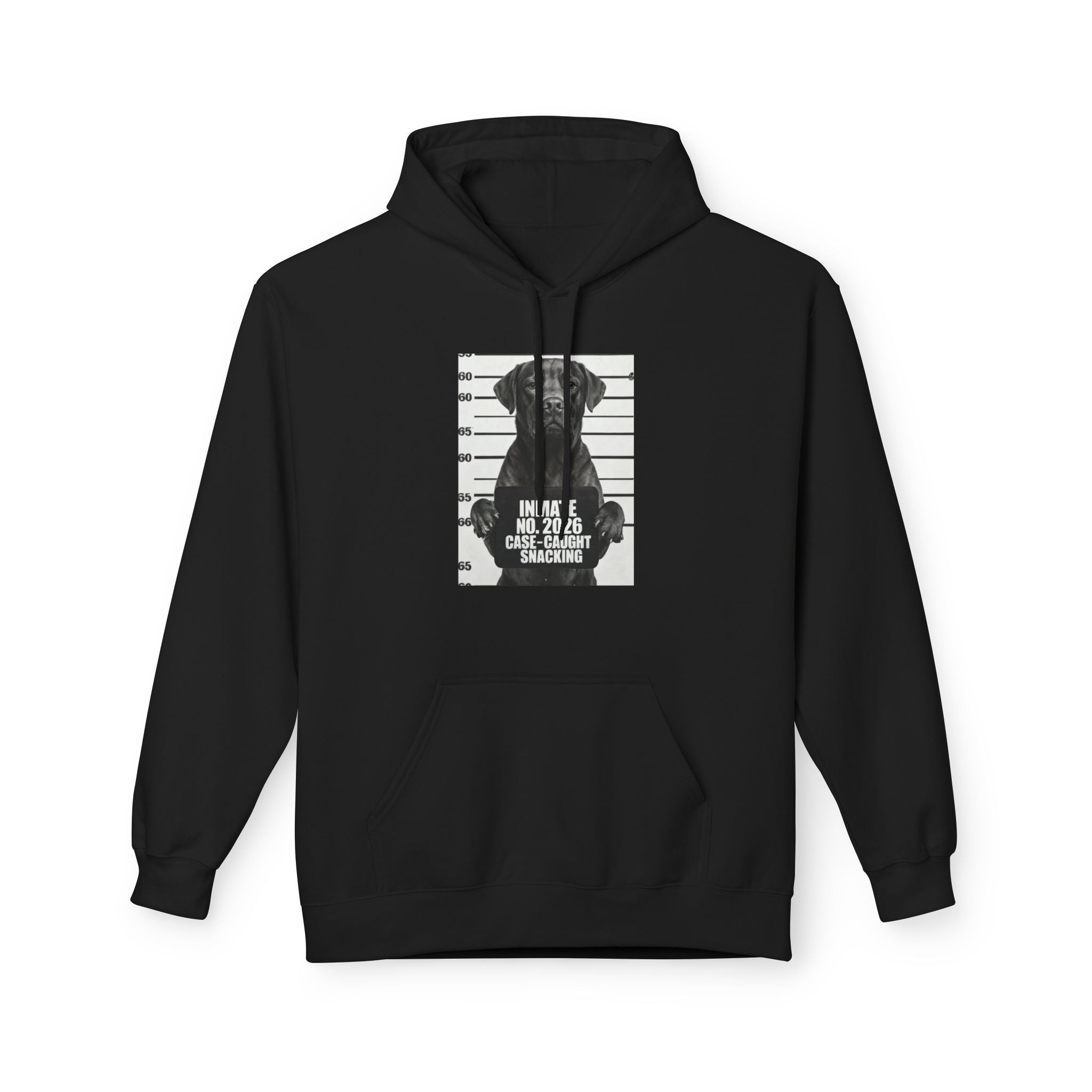 Black pullover hoodie with front hood and centered dog behind-bars graphic