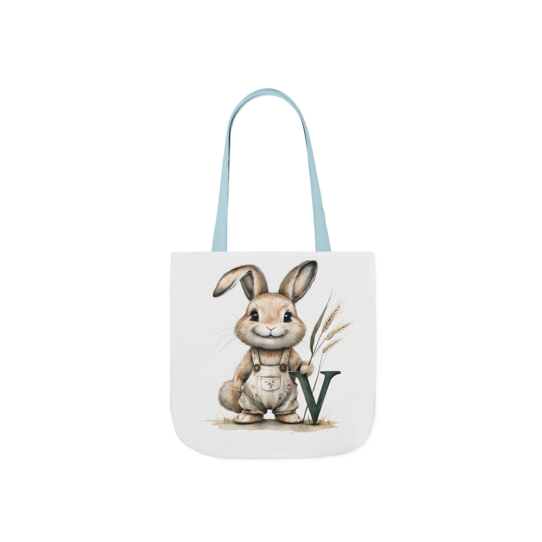 Canvas tote bag with rabbit graphic on white front and light blue shoulder straps