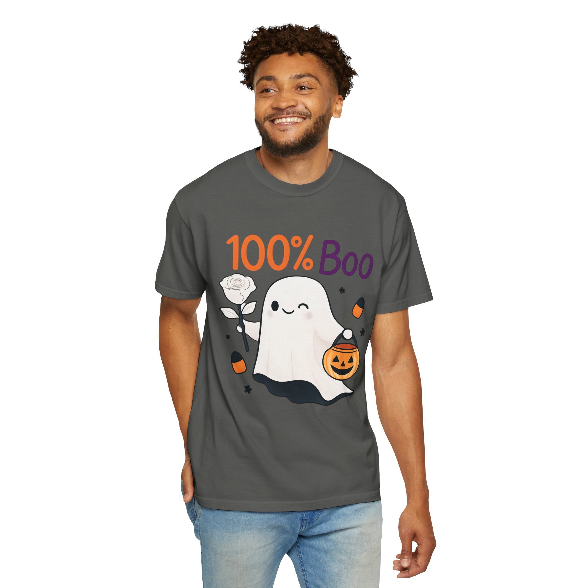 Dark gray Halloween t-shirt with '100% Boo' ghost and pumpkin graphic, front view