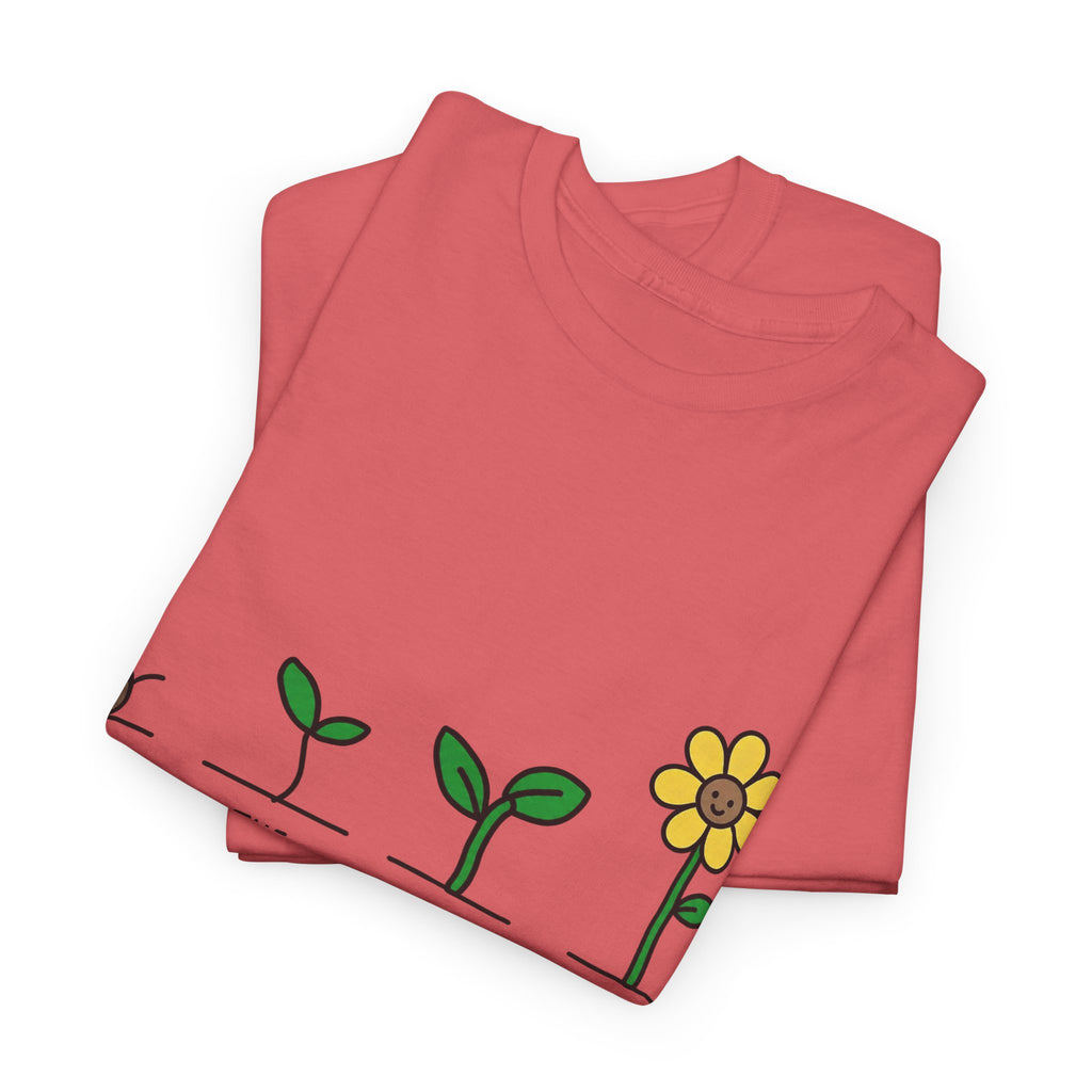Coral red crewneck t-shirt set with seedling-to-flower “Trust the Growing Process” graphic
