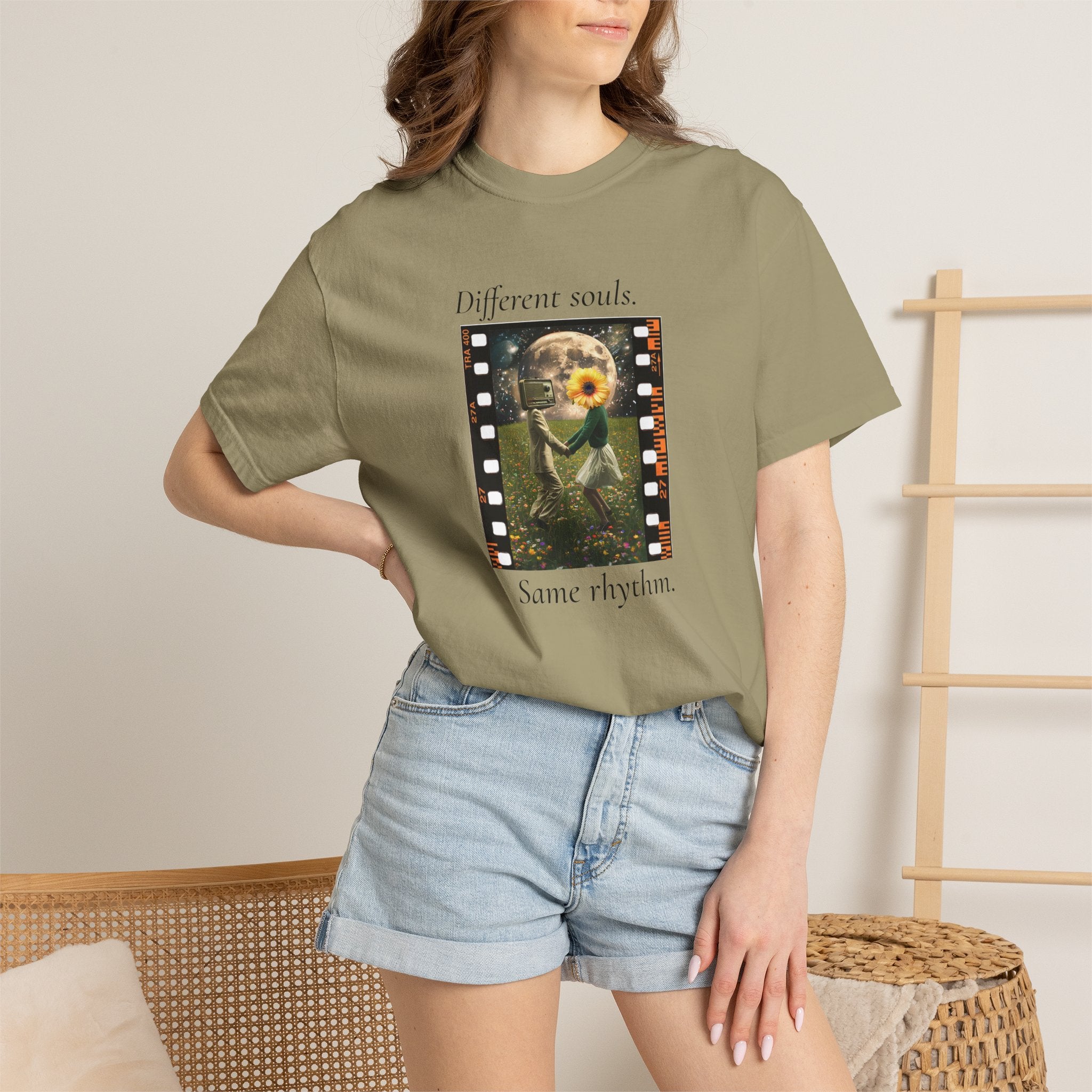 Olive crew-neck short-sleeve tee on model, featuring filmstrip sunflower front print