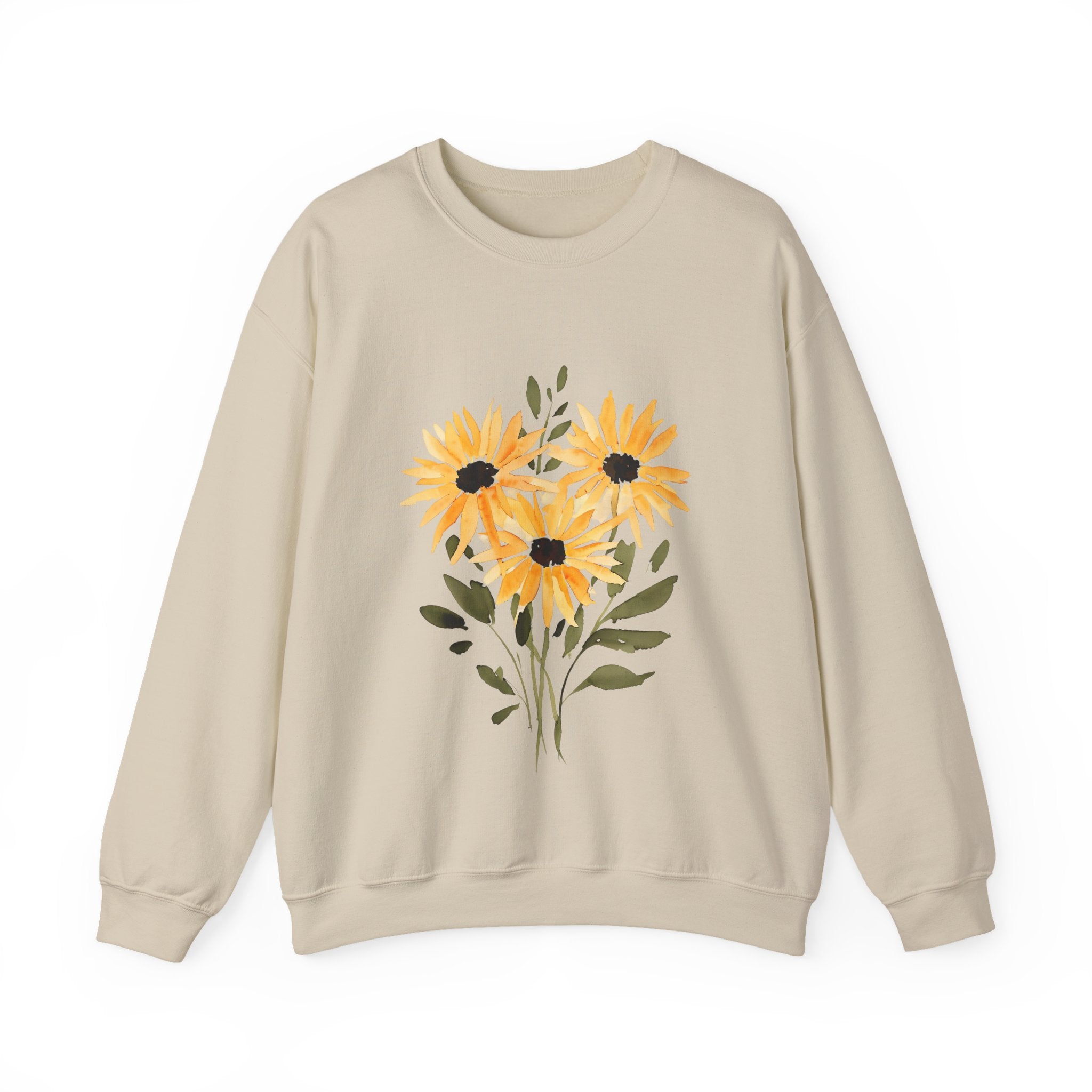 Sand color crewneck sweatshirt with orange sunflower bouquet graphic on the front