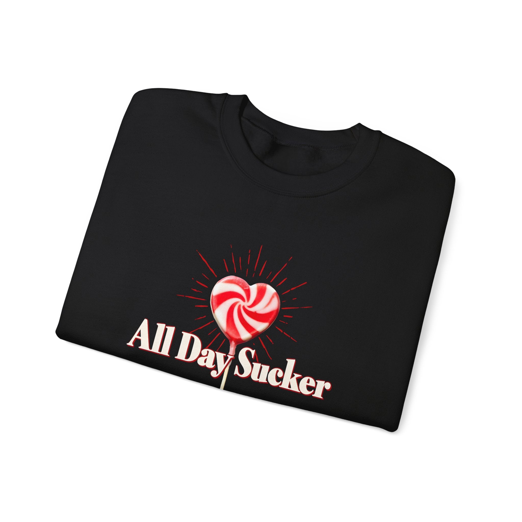 Black graphic lollipop heart sweatshirt, close-up red candy and text print