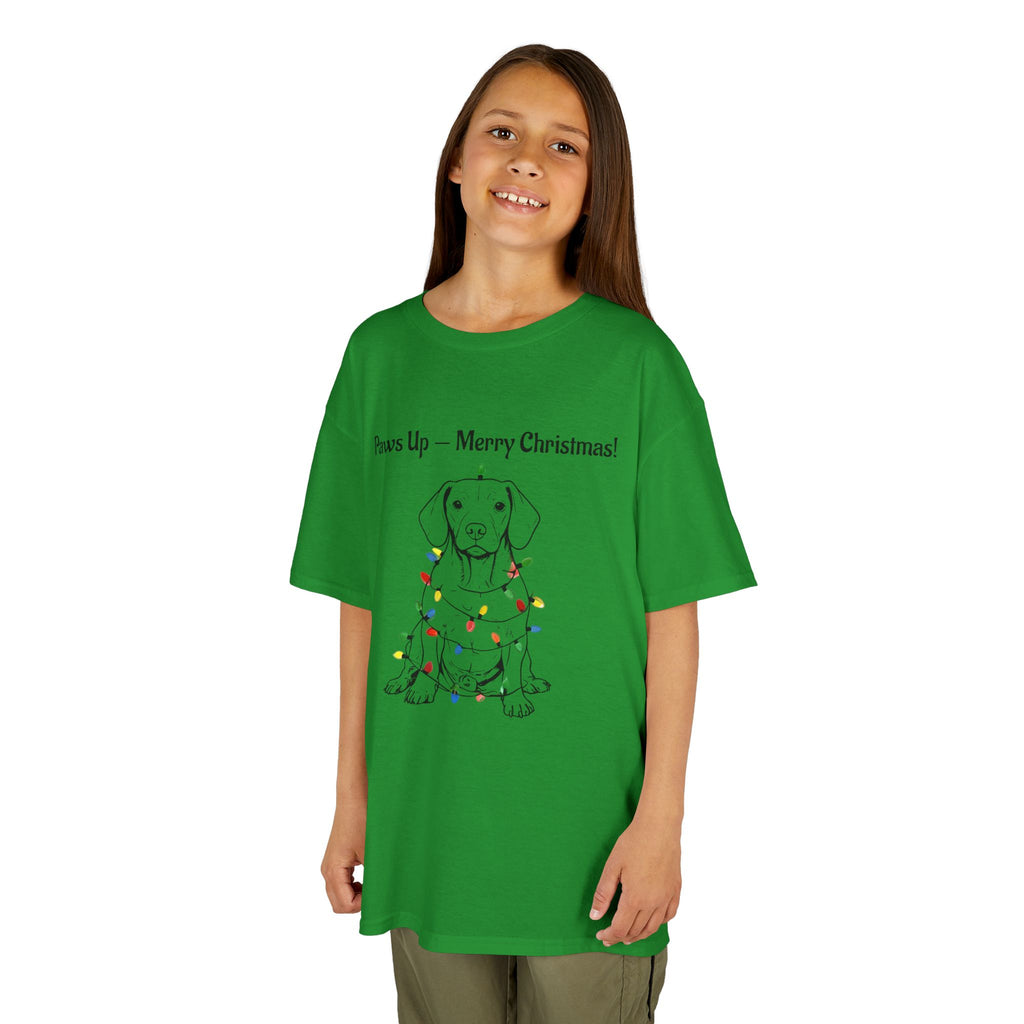 Kids green tee on model with puppy in holiday lights