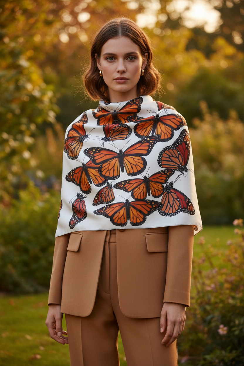Butterflies Silk-Look Scarf — Butterflies Orange & Black Graphic Print
