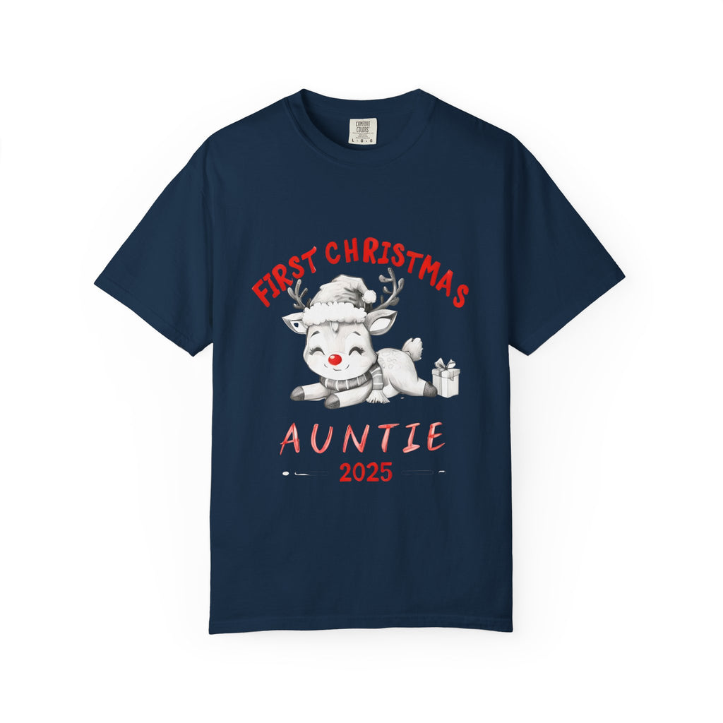 True navy Christmas t-shirt with cartoon reindeer and 'Auntie 2025' front print