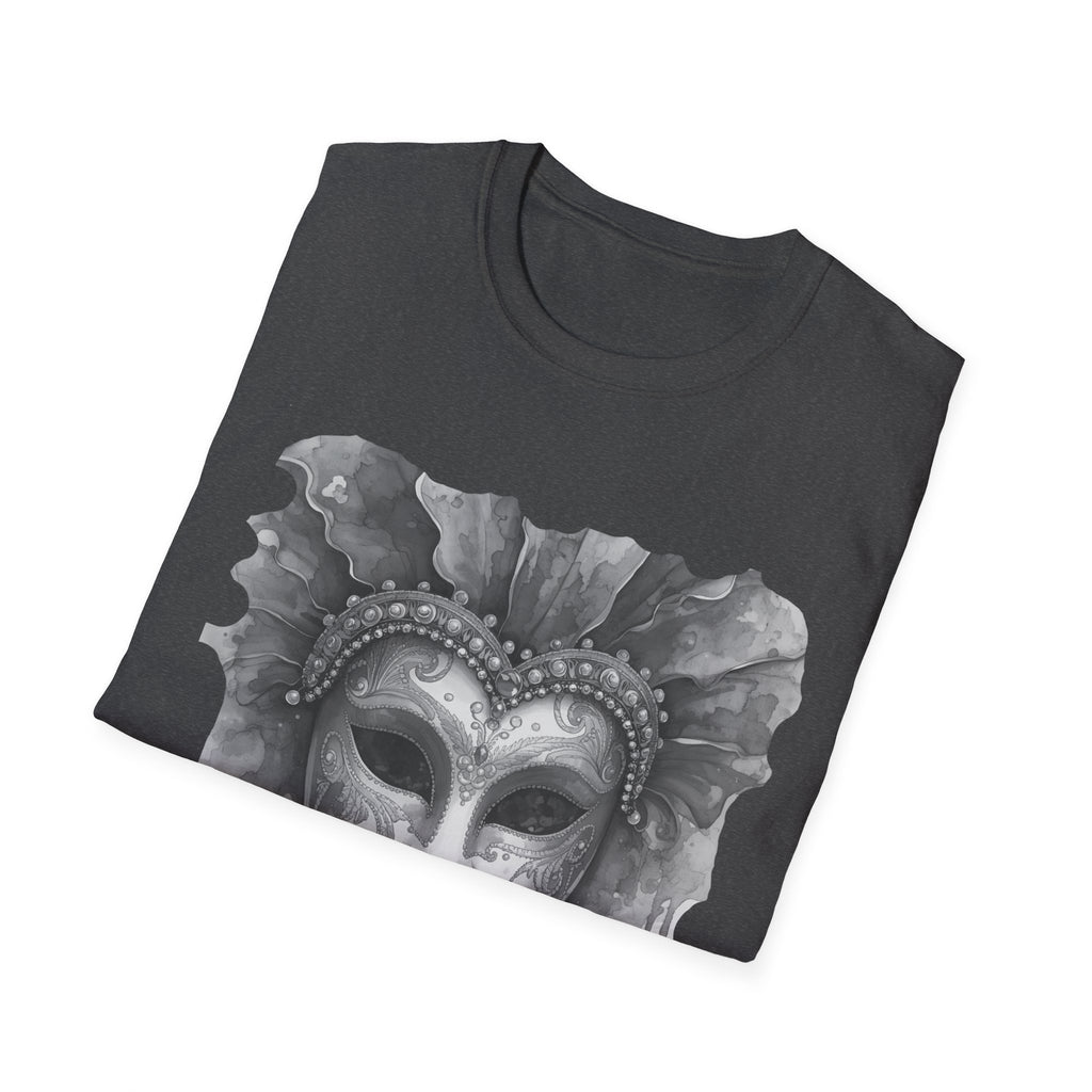 Charcoal face T-shirt with watercolor masquerade mask graphic on the chest