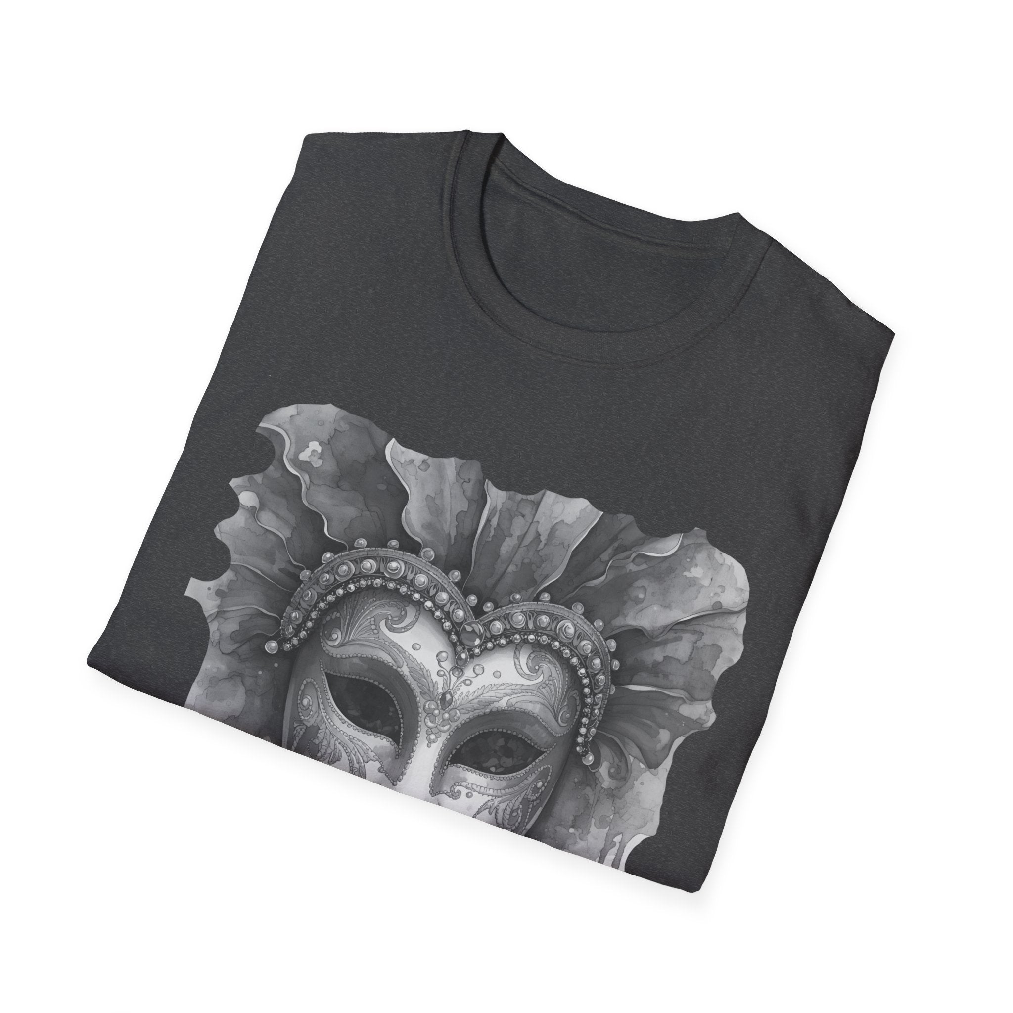 Charcoal face T-shirt with watercolor masquerade mask graphic on the chest