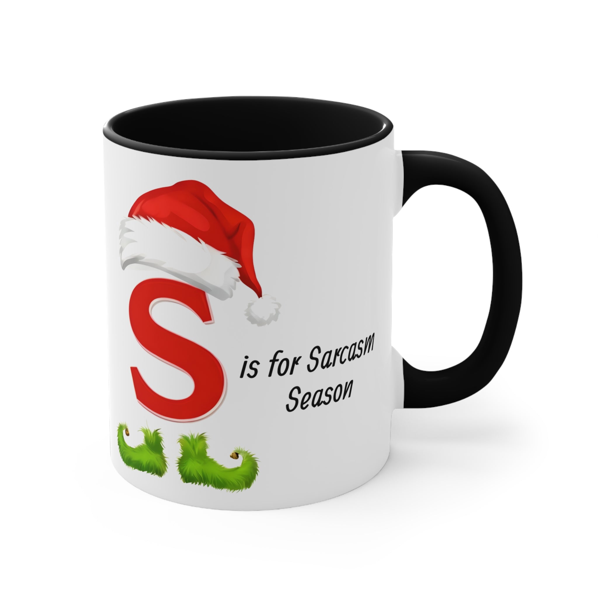 Ceramic coffee mug, white with black handle; red 'S' and 'Sarcasm Season' lettering
