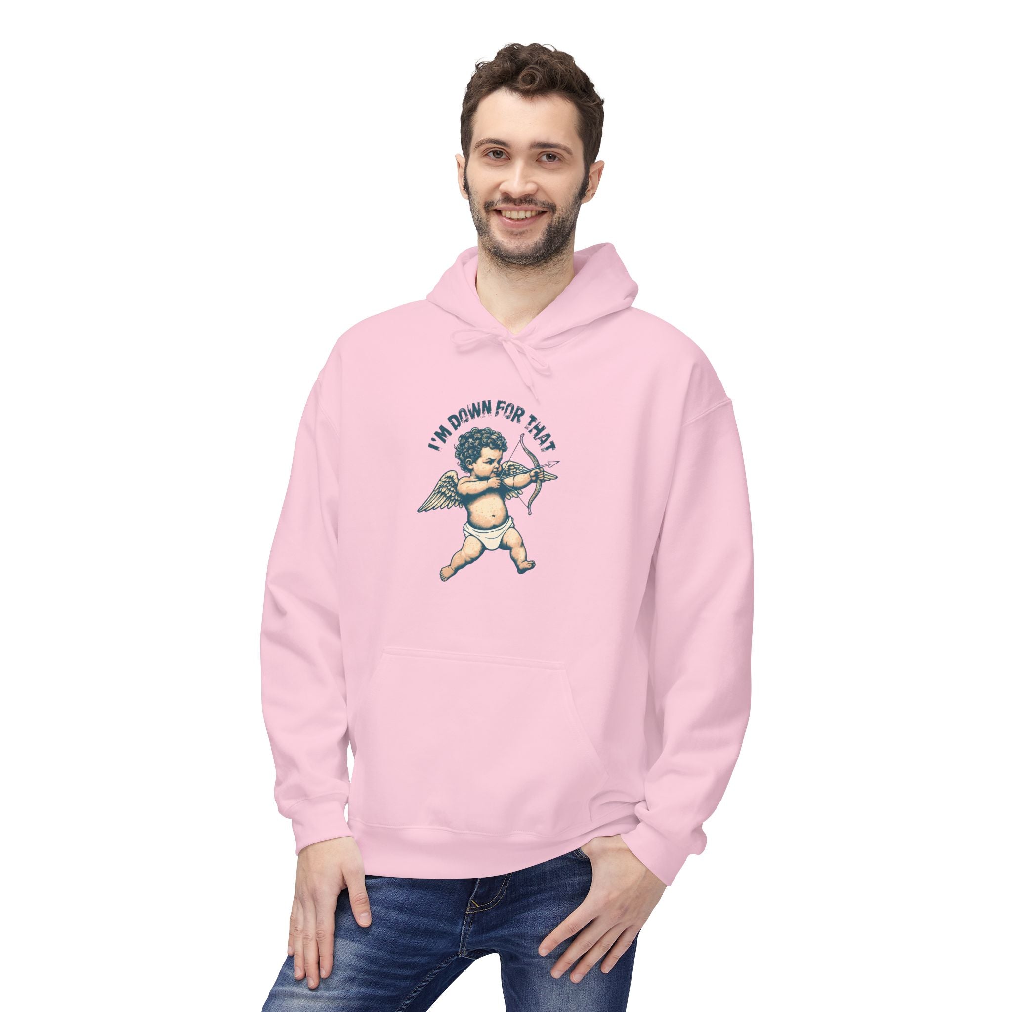 Unisex light pink hoodie worn with kangaroo pocket and cupid graphic on the chest.