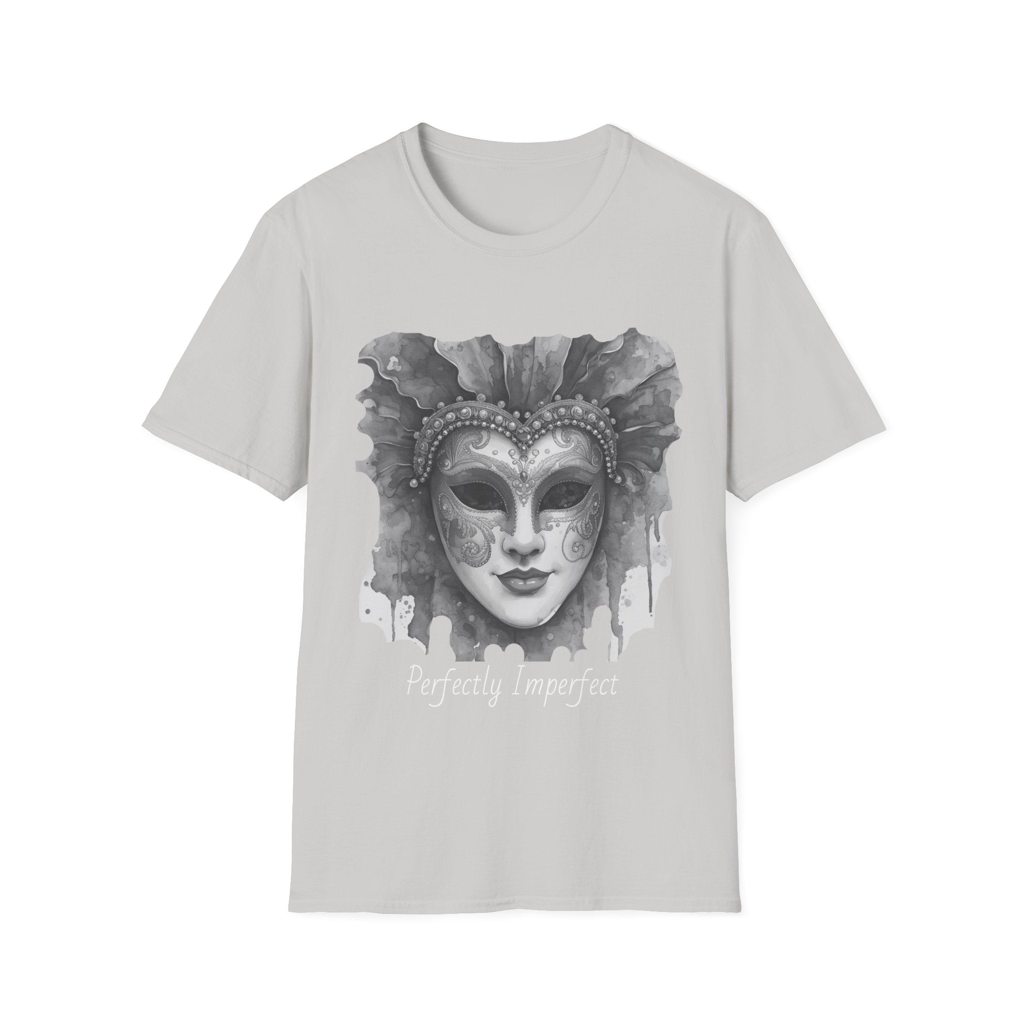 Masquerade face T-shirt in light gray with grayscale mask graphic and “Perfectly Imperfect” text