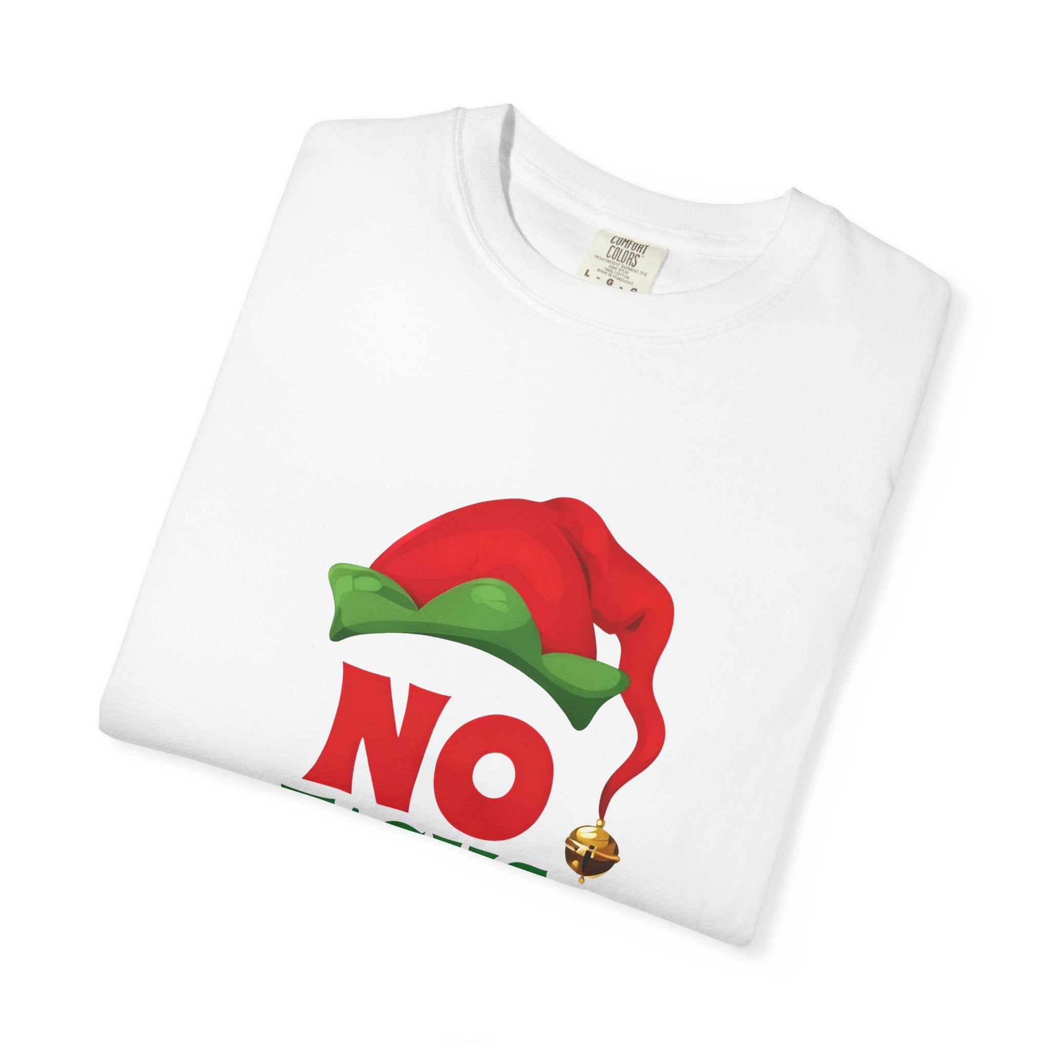 White crewneck T-shirt with red elf hat and "NO F*CKS GIVEN" text graphic