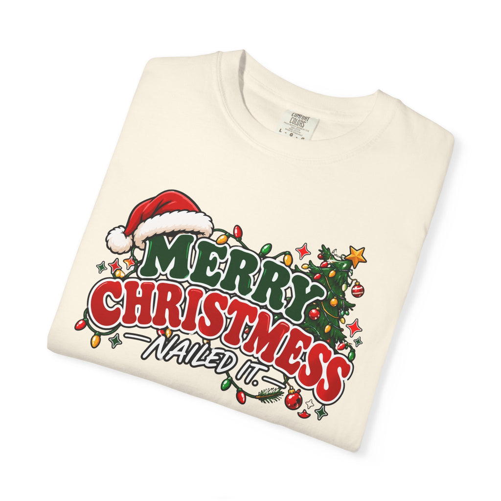 Cream crew-neck Christmas T-shirt with “Merry Christmas” graphic and Santa hat