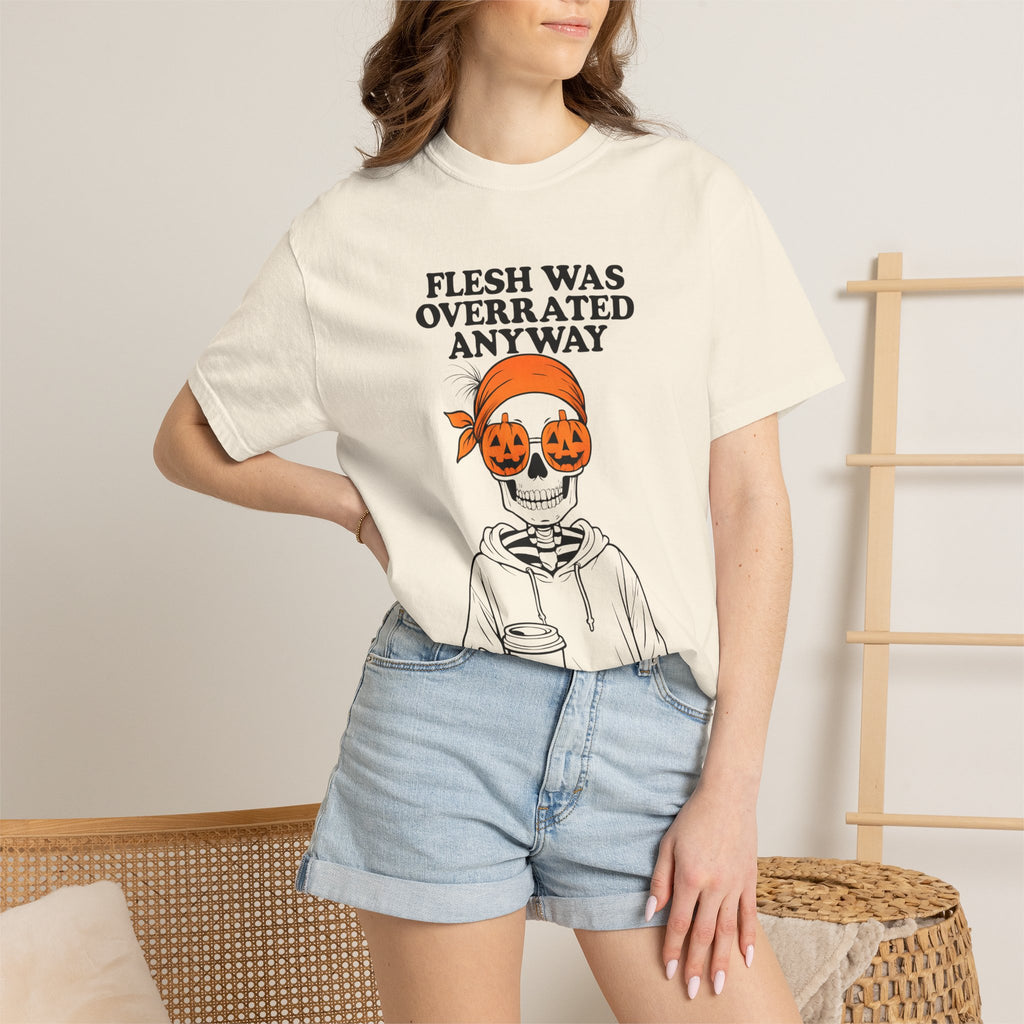Ivory Halloween graphic unisex tee with orange jack-o-lantern skull and skeleton print