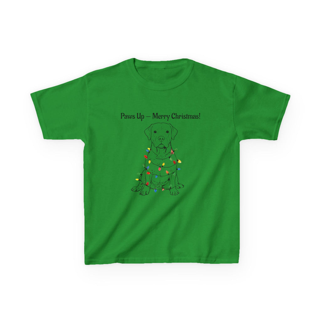 Kids Irish green graphic tee with puppy in Christmas lights and message on front