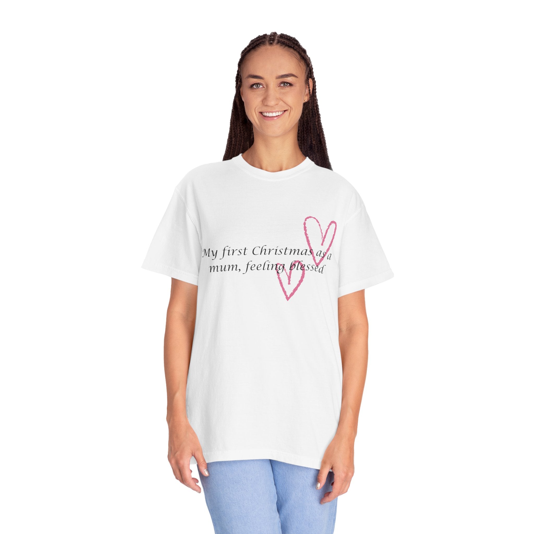 White Christmas mum t-shirt on model with pink heart graphic and “My first Christmas” text