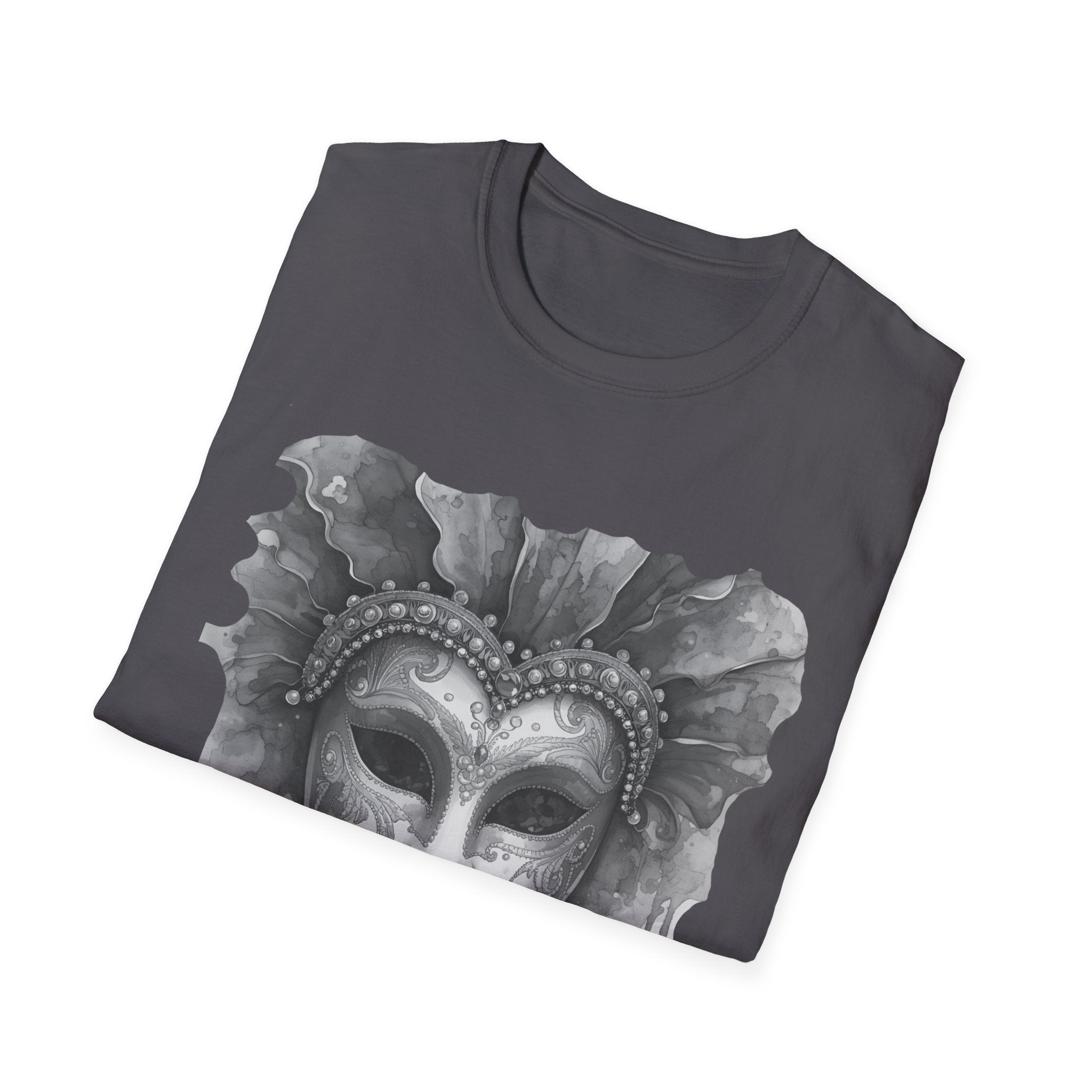 Charcoal face T-shirt with watercolor masquerade mask graphic on the chest, folded