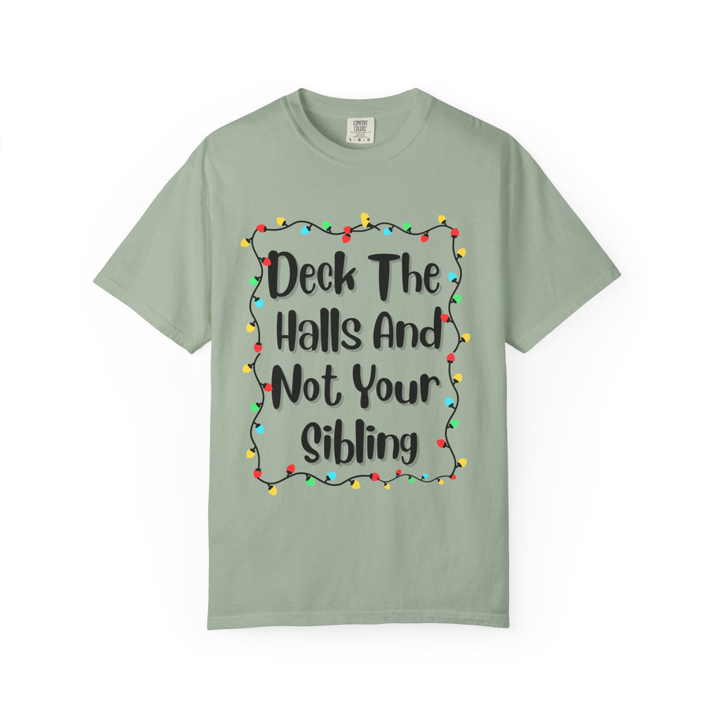 Light green T-shirt with colorful holiday lights border and funny text graphic