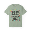 Light green T-shirt with colorful holiday lights border and funny text graphic
