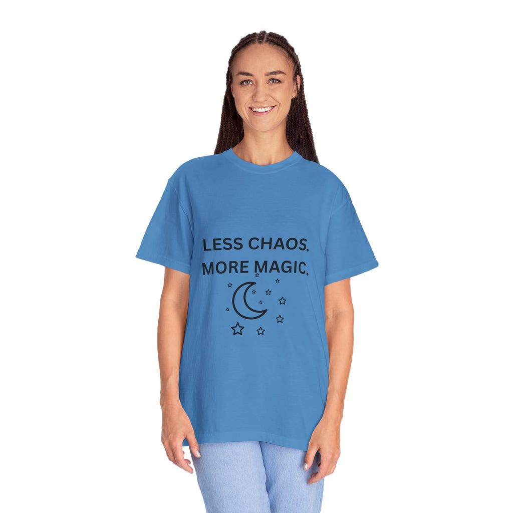 Less Chaos, More Magic T-Shirt — Crescent Moon + Stars Graphic Tee