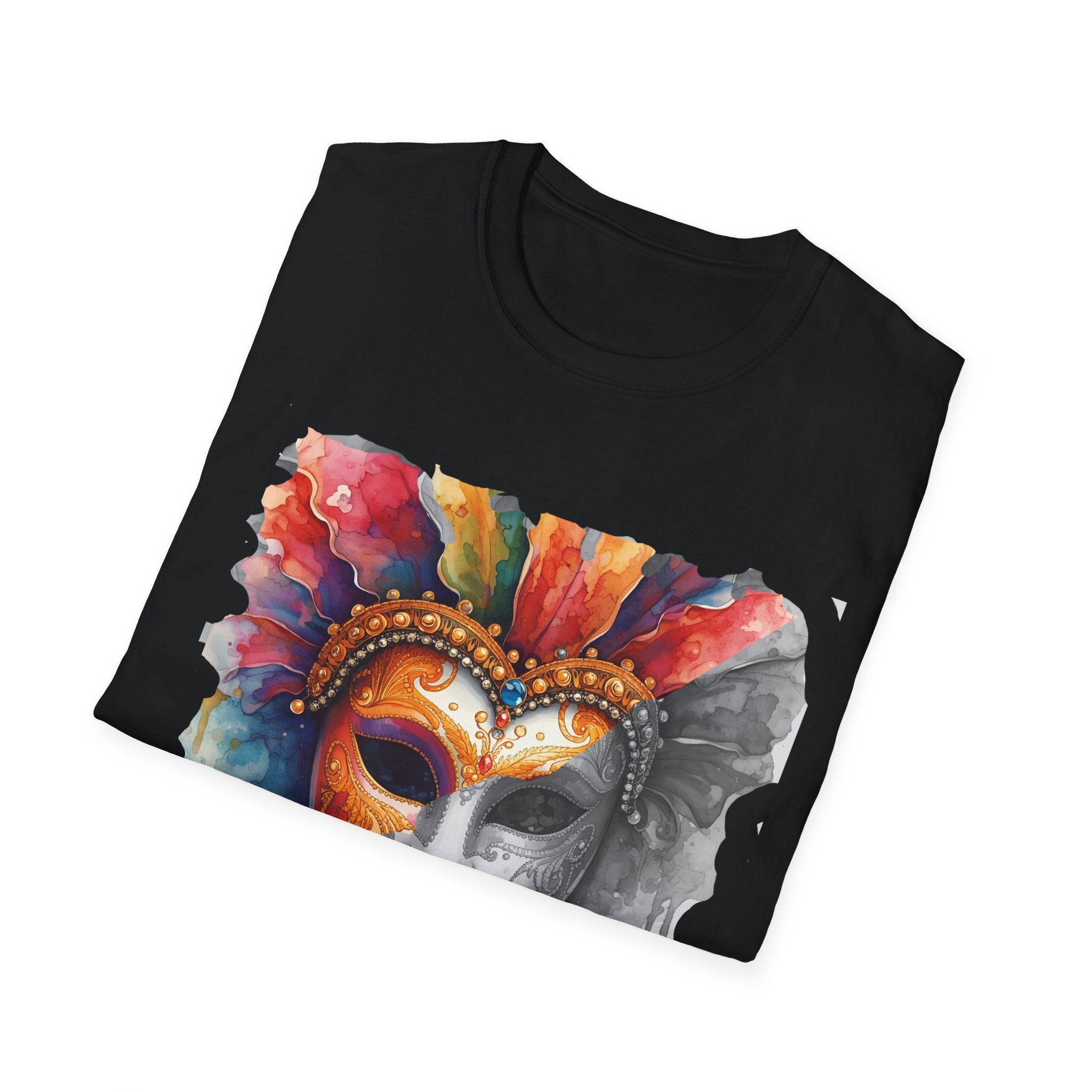 Black crewneck T-shirt with watercolor masquerade face mask print in rainbow and gray