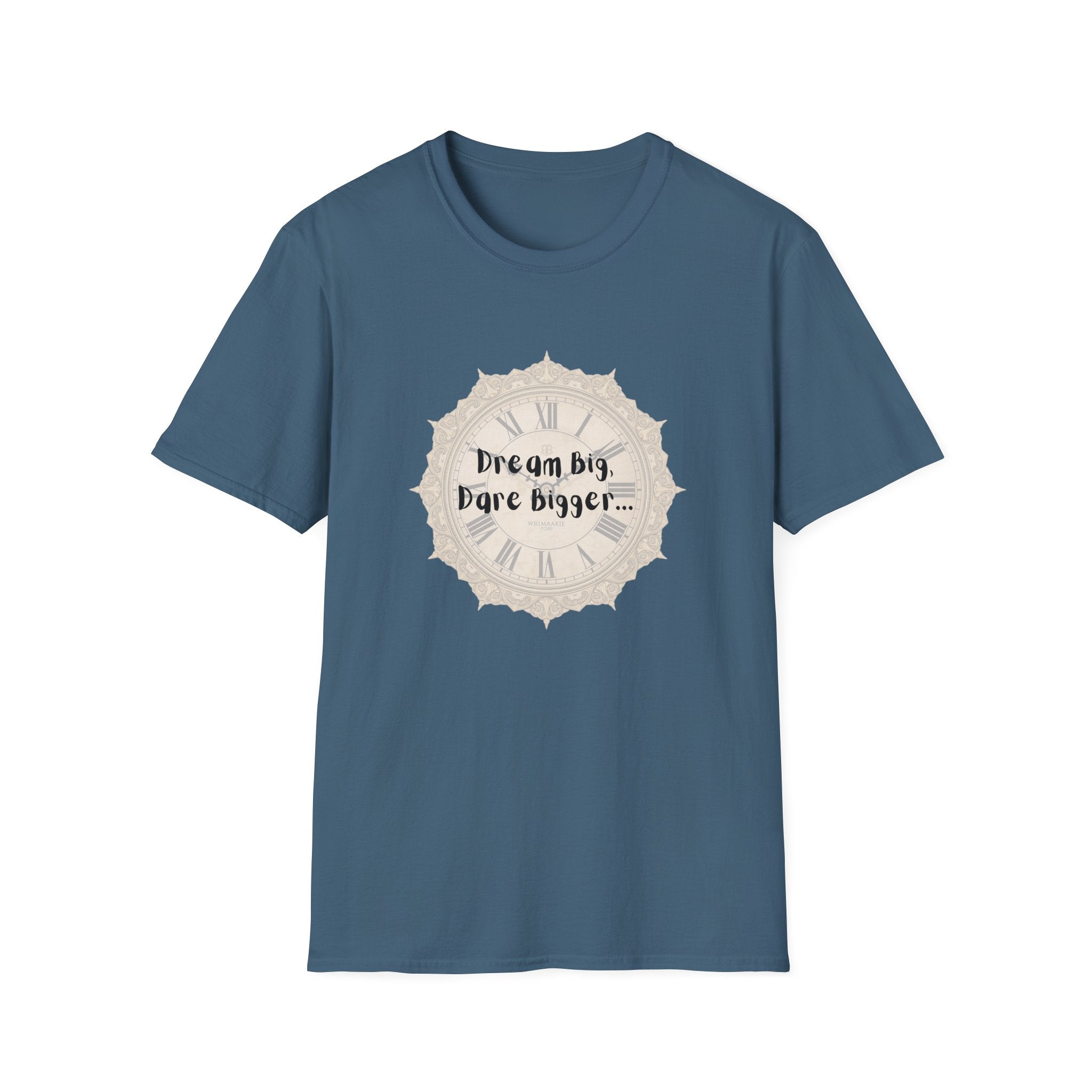 Teal crew-neck T-shirt with front clock graphic and “Dream Big, Dare Bigger…” lettering