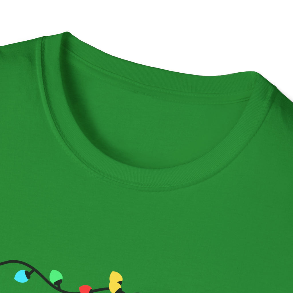 Green crew-neck T-shirt neckline close-up