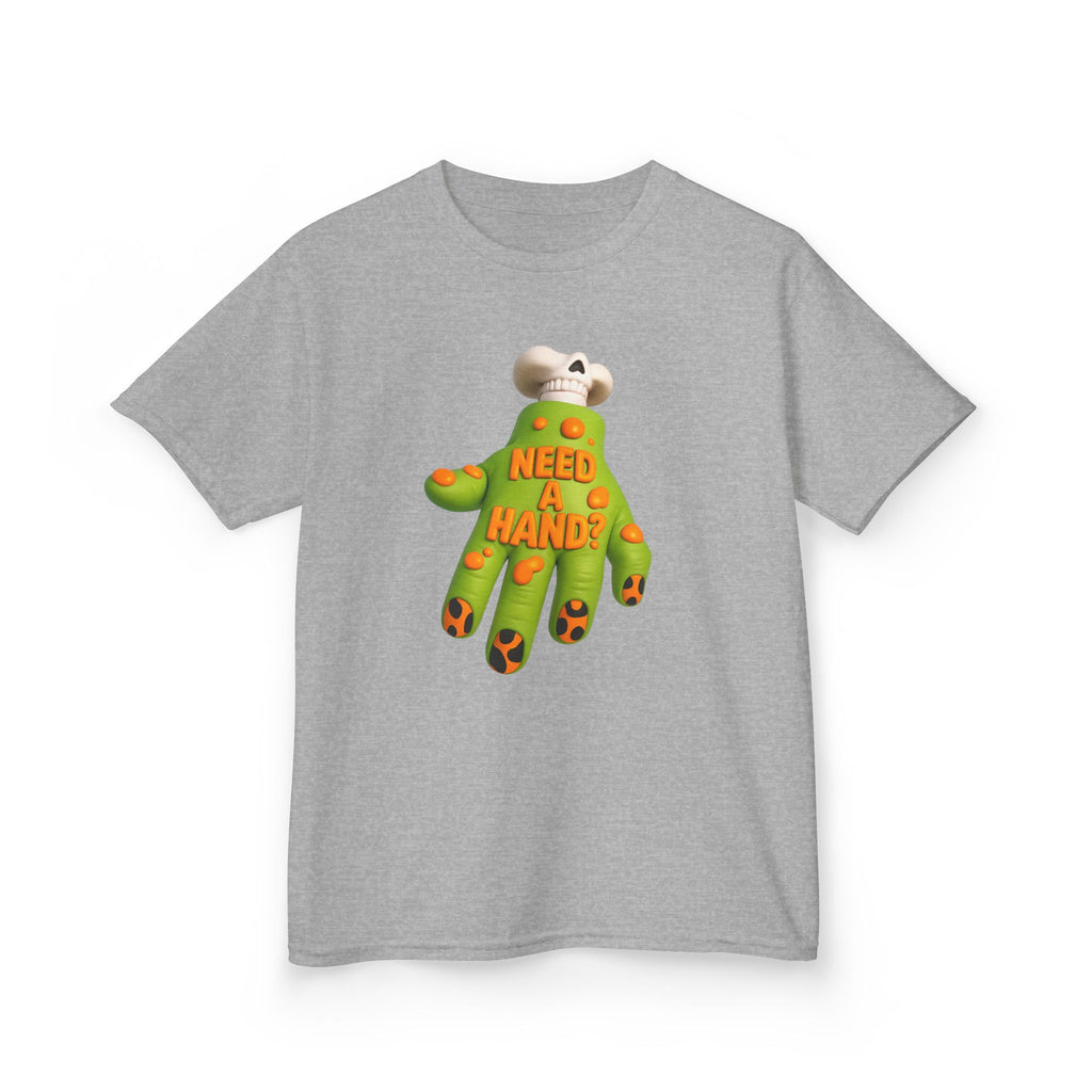 Heather gray kids tee with centered green 'NEED A HAND' monster graphic