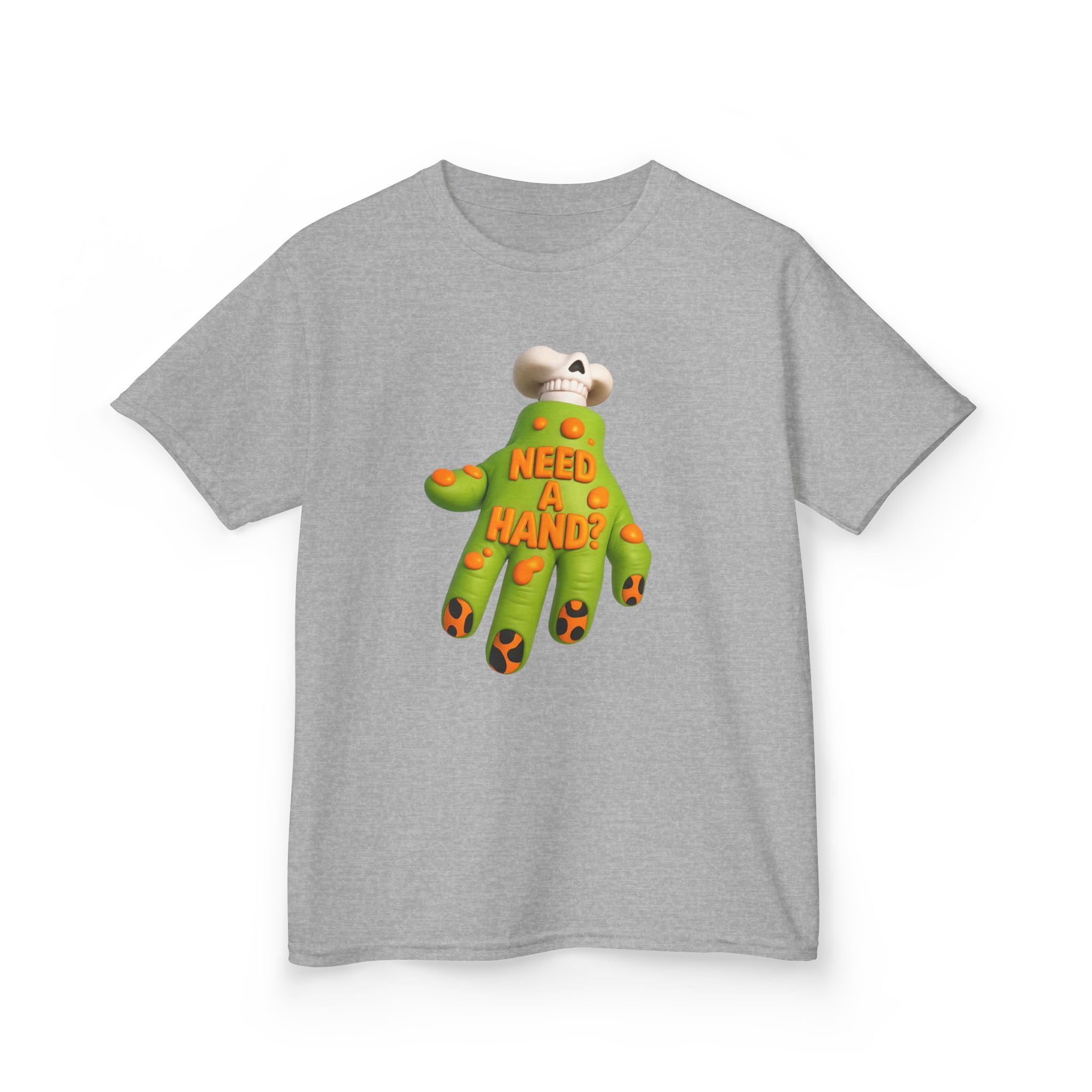 Heather gray kids tee with centered green 'NEED A HAND' monster graphic