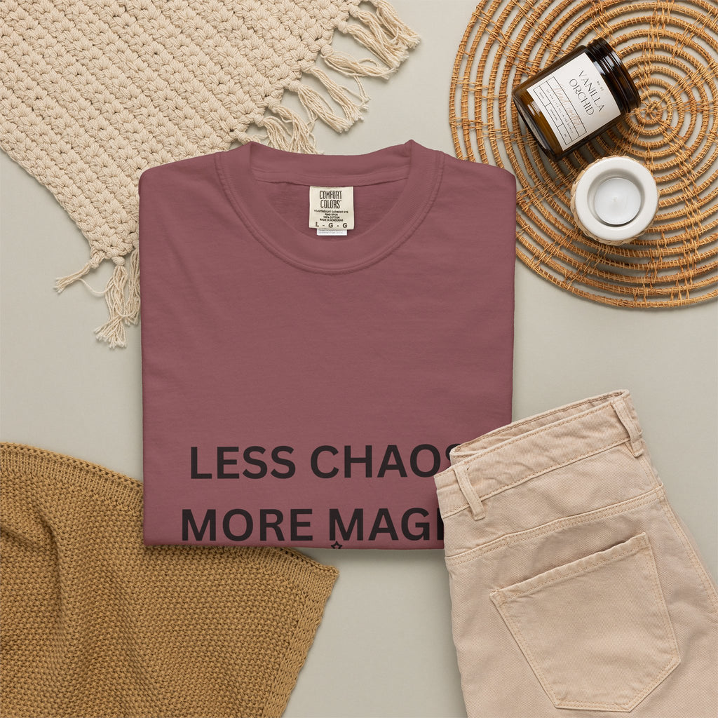 Less Chaos, More Magic T-Shirt — Crescent Moon + Stars Graphic Tee