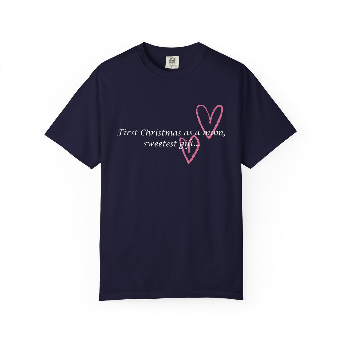 Dark navy women's Christmas mum T-shirt with pink heart graphic and 'sweetest gift' text
