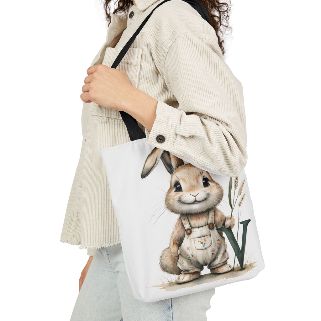 Canvas tote bag with bunny V graphic and black shoulder strap